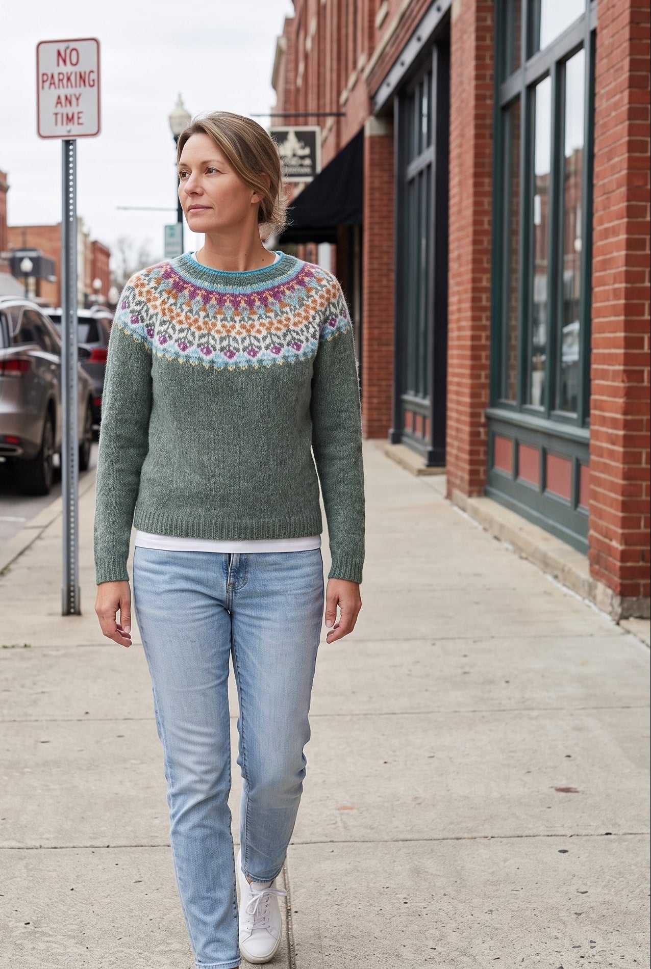 Women's Fair Isle Sweater | Geometric Yoke Ribbed Hem - Green lifestyle