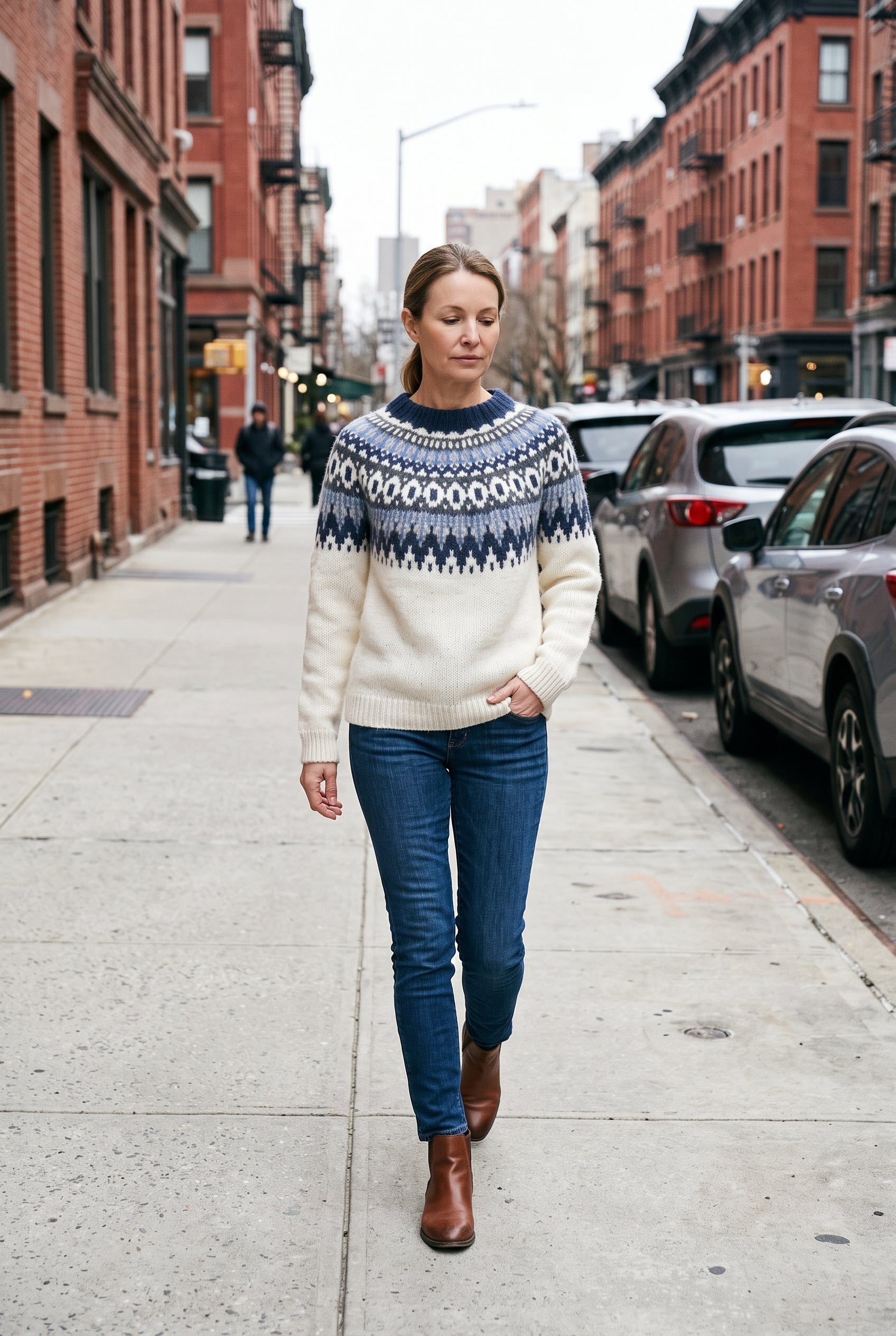 Women's Fair Isle Sweater | Nordic Yoke Crew Neck - White/Blue lifestyle