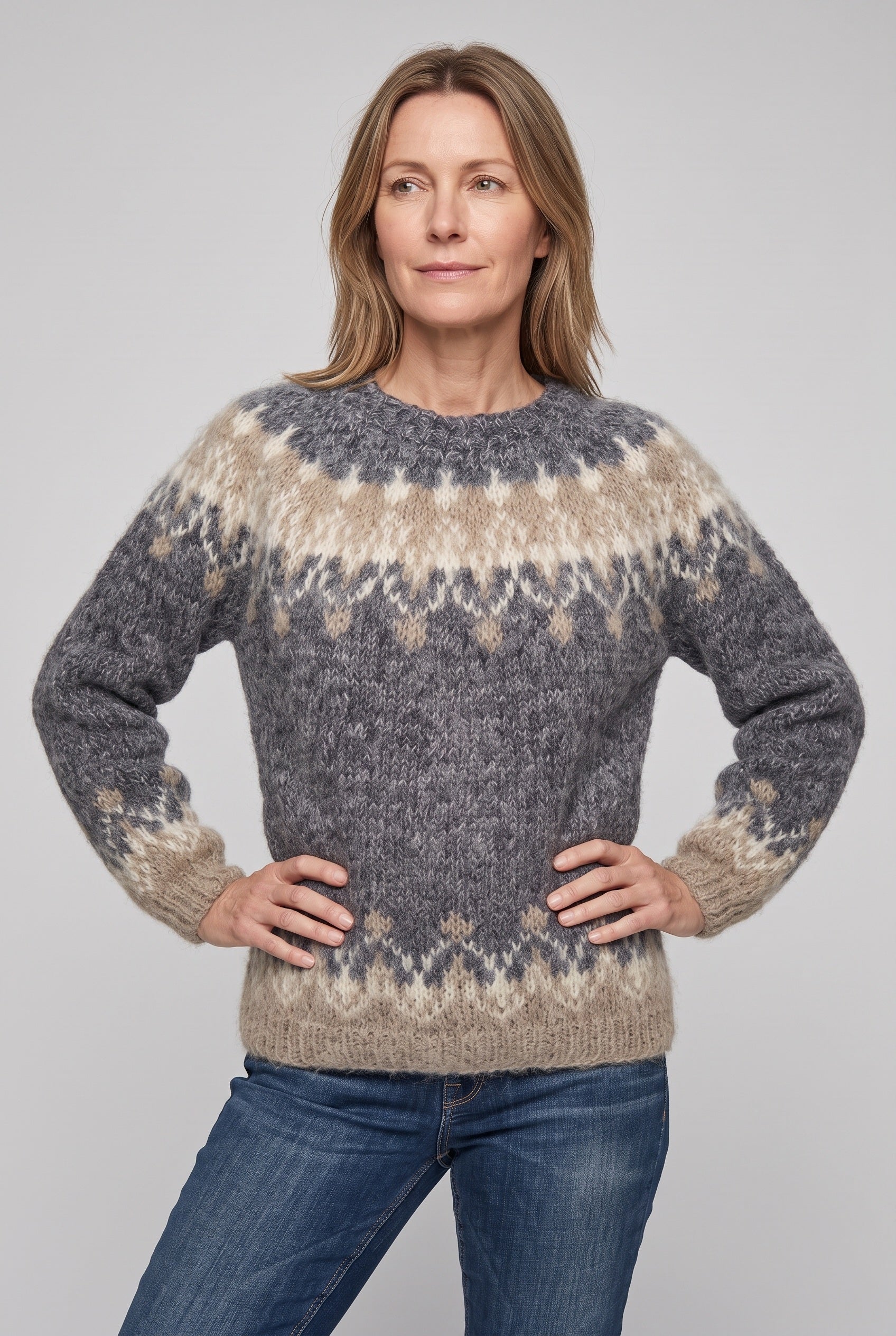 Women's Fair Isle Sweater | Snowflake Yoke Banded Cuffs - 1