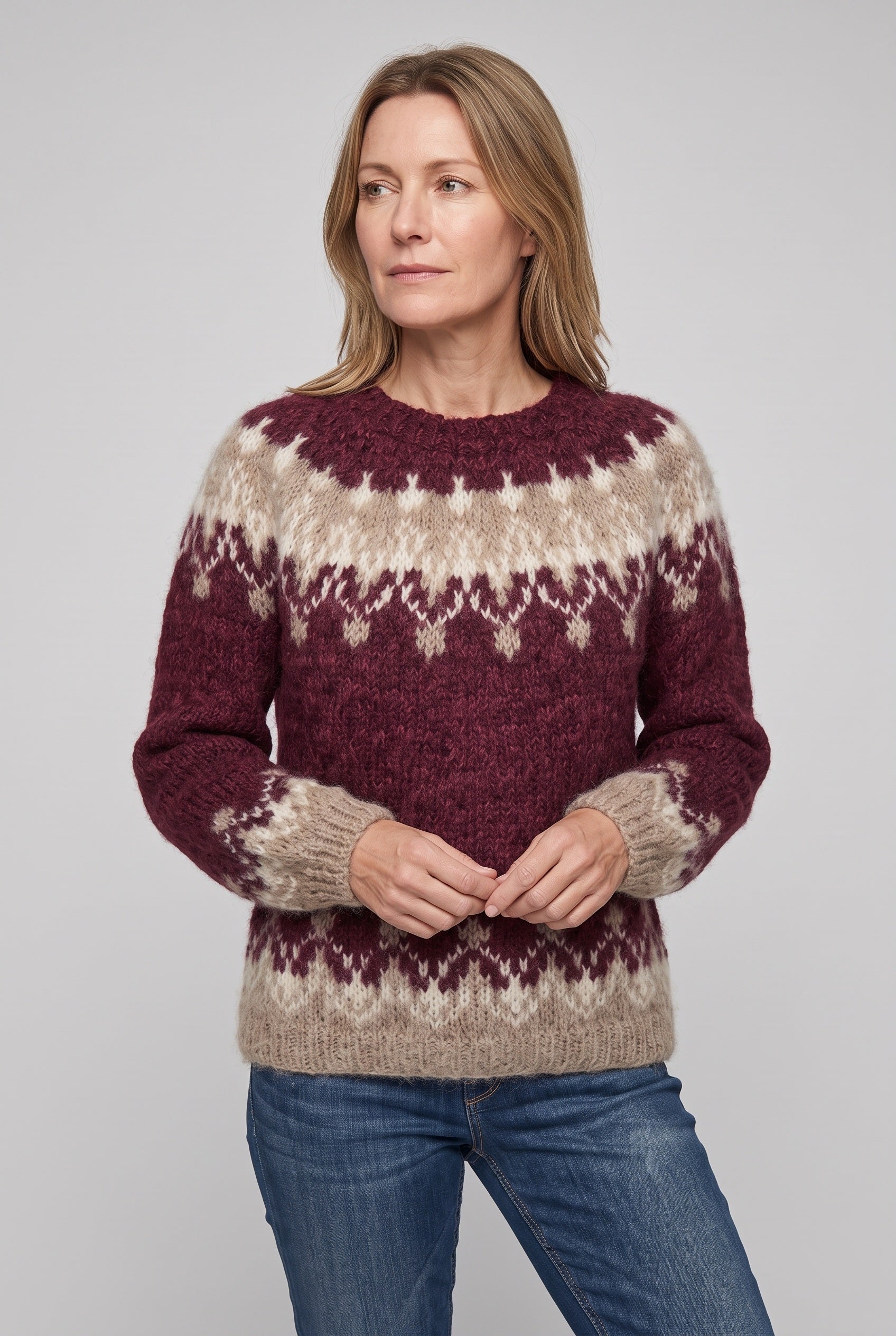 Women's Fair Isle Sweater | Snowflake Yoke Banded Cuffs - 5