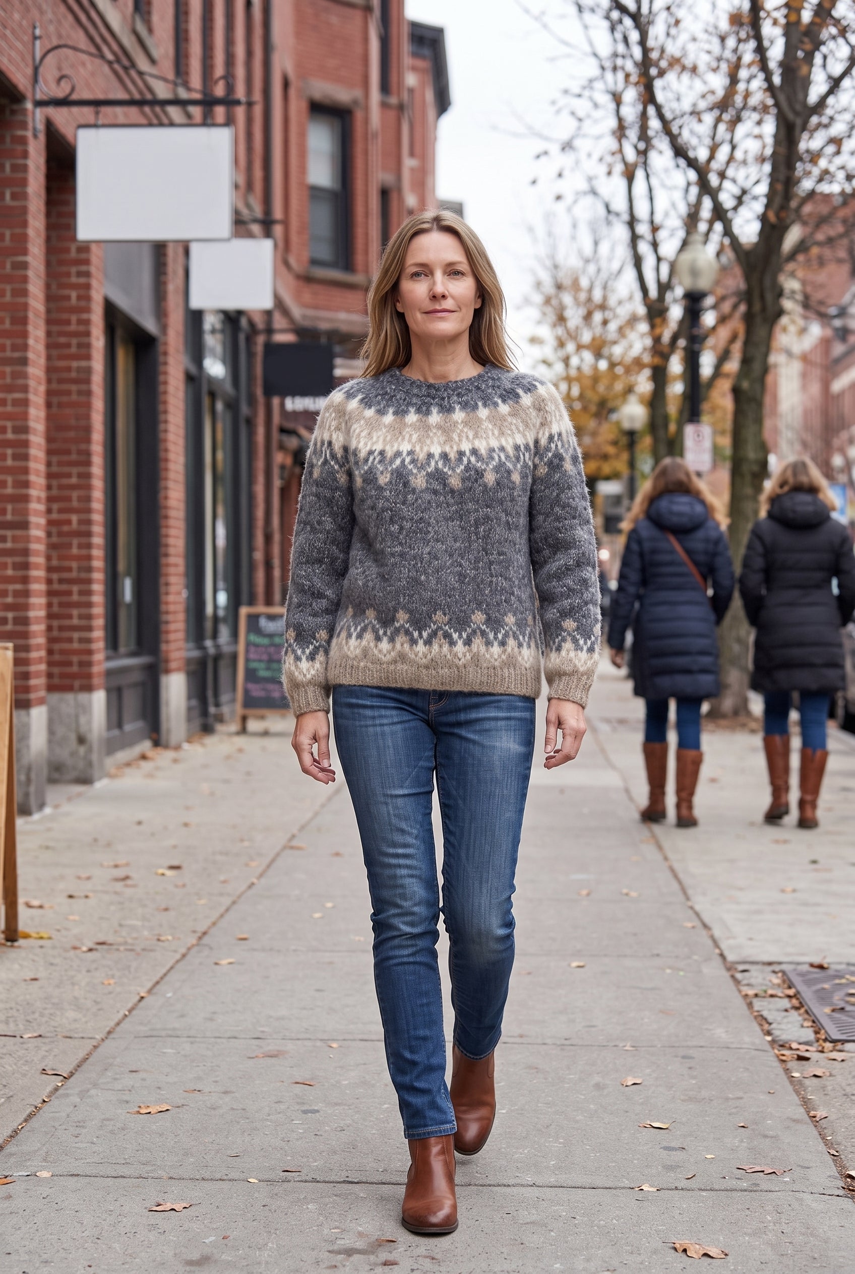 Women's Fair Isle Sweater | Snowflake Yoke Banded Cuffs - Gray lifestyle