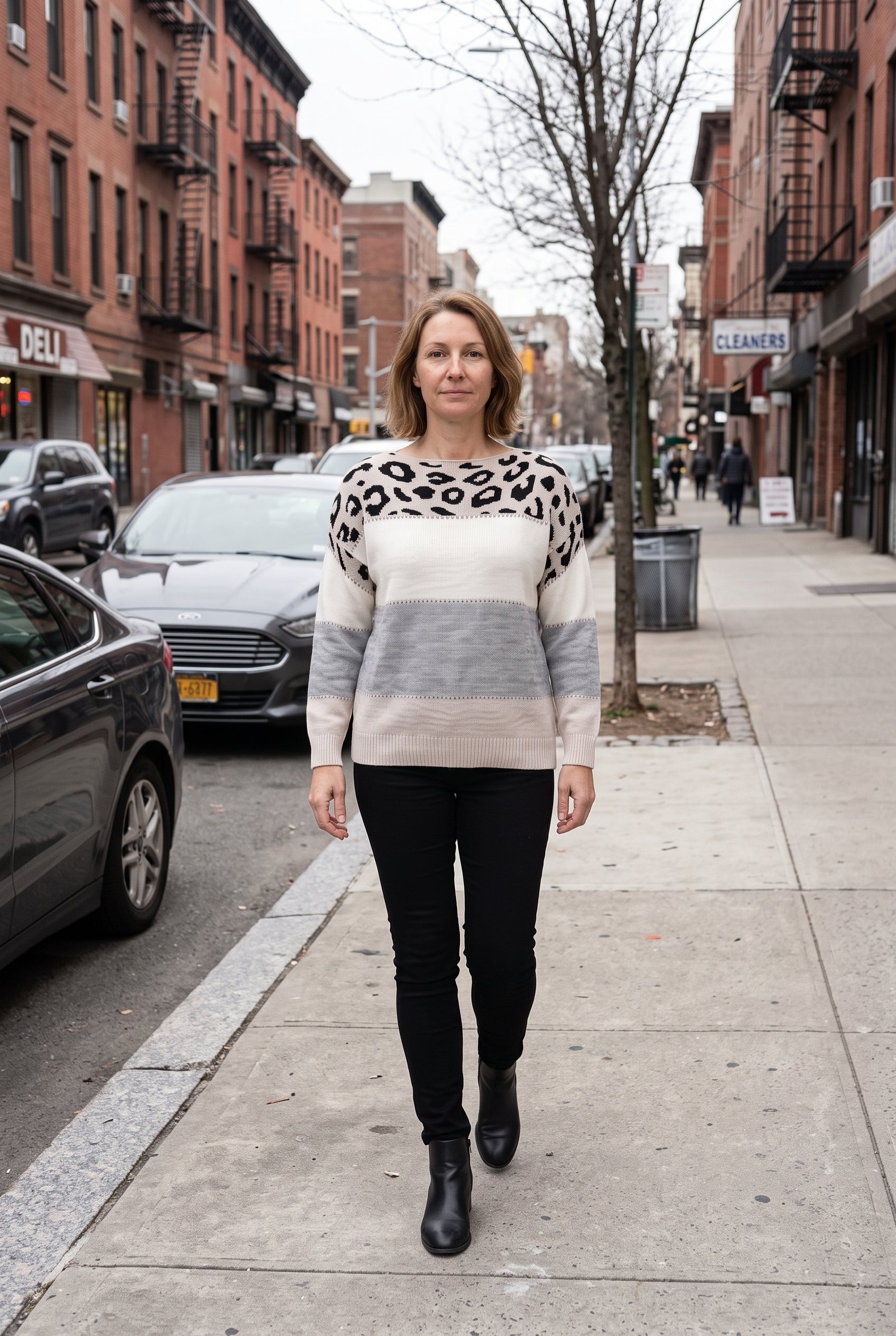 Women's Knit Sweater | Leopard Yoke Color Block - Gray lifestyle