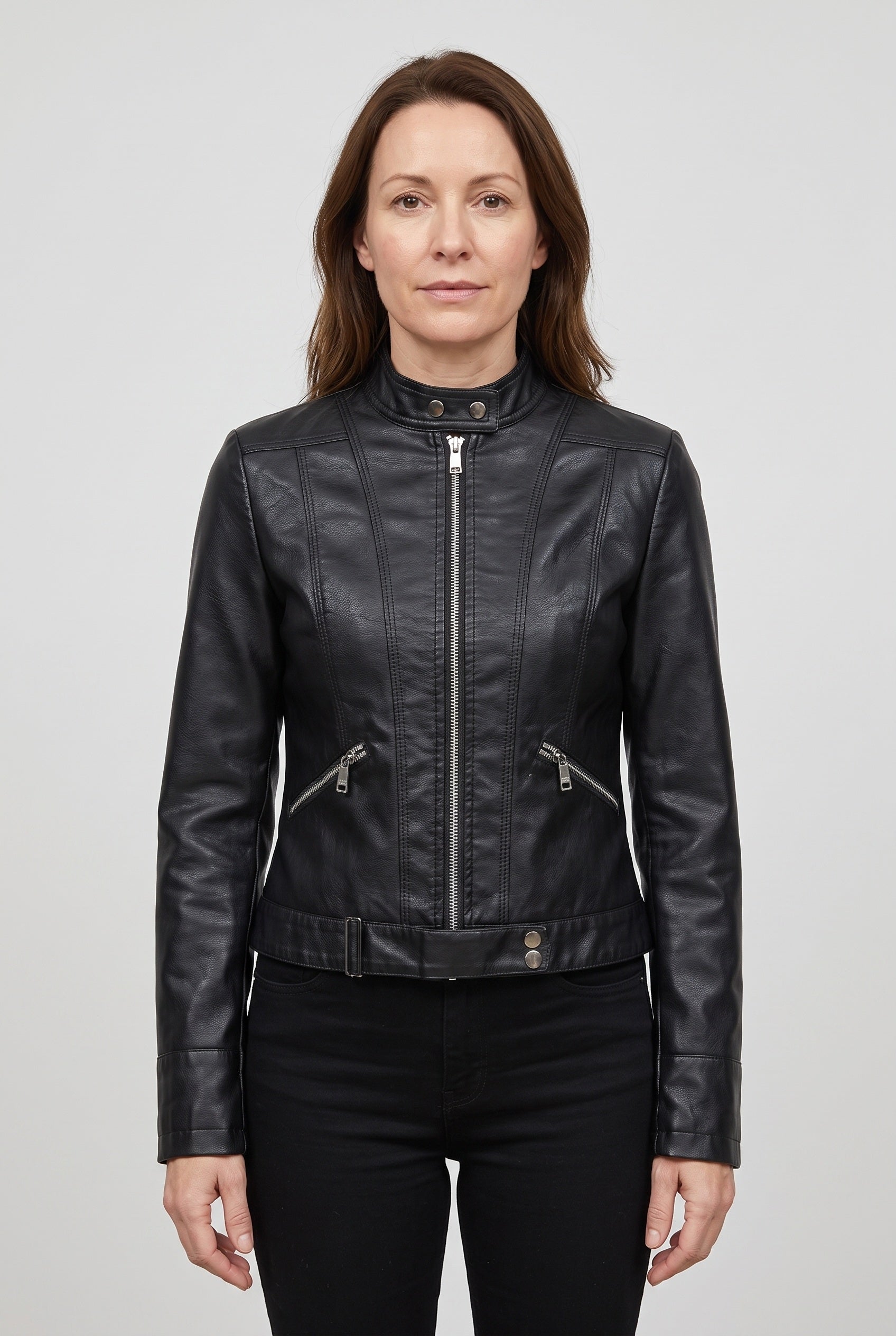 Women's Leather-Look Jacket | Cropped Stand Collar Zip - 1