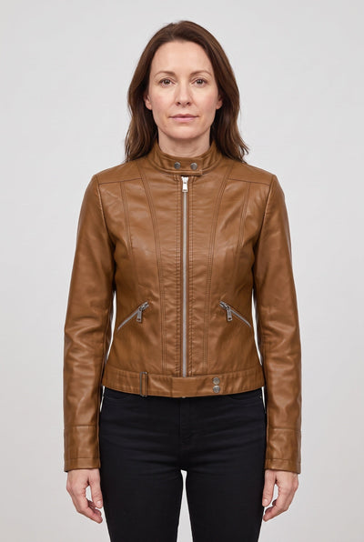 Women's Leather-Look Jacket | Cropped Stand Collar Zip - 5
