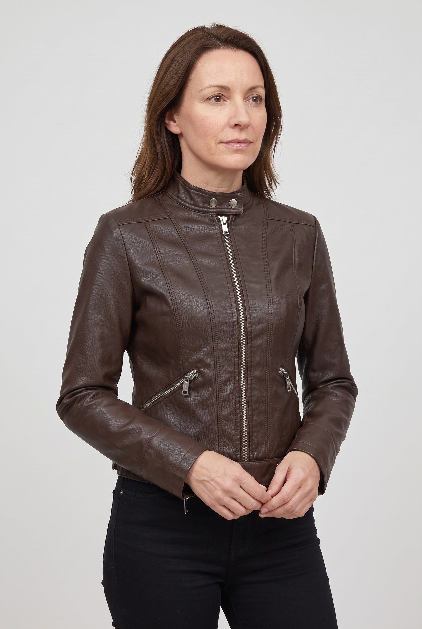 Women's Leather-Look Jacket | Cropped Stand Collar Zip - 6