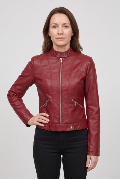 Women's Leather-Look Jacket | Cropped Stand Collar Zip - 8