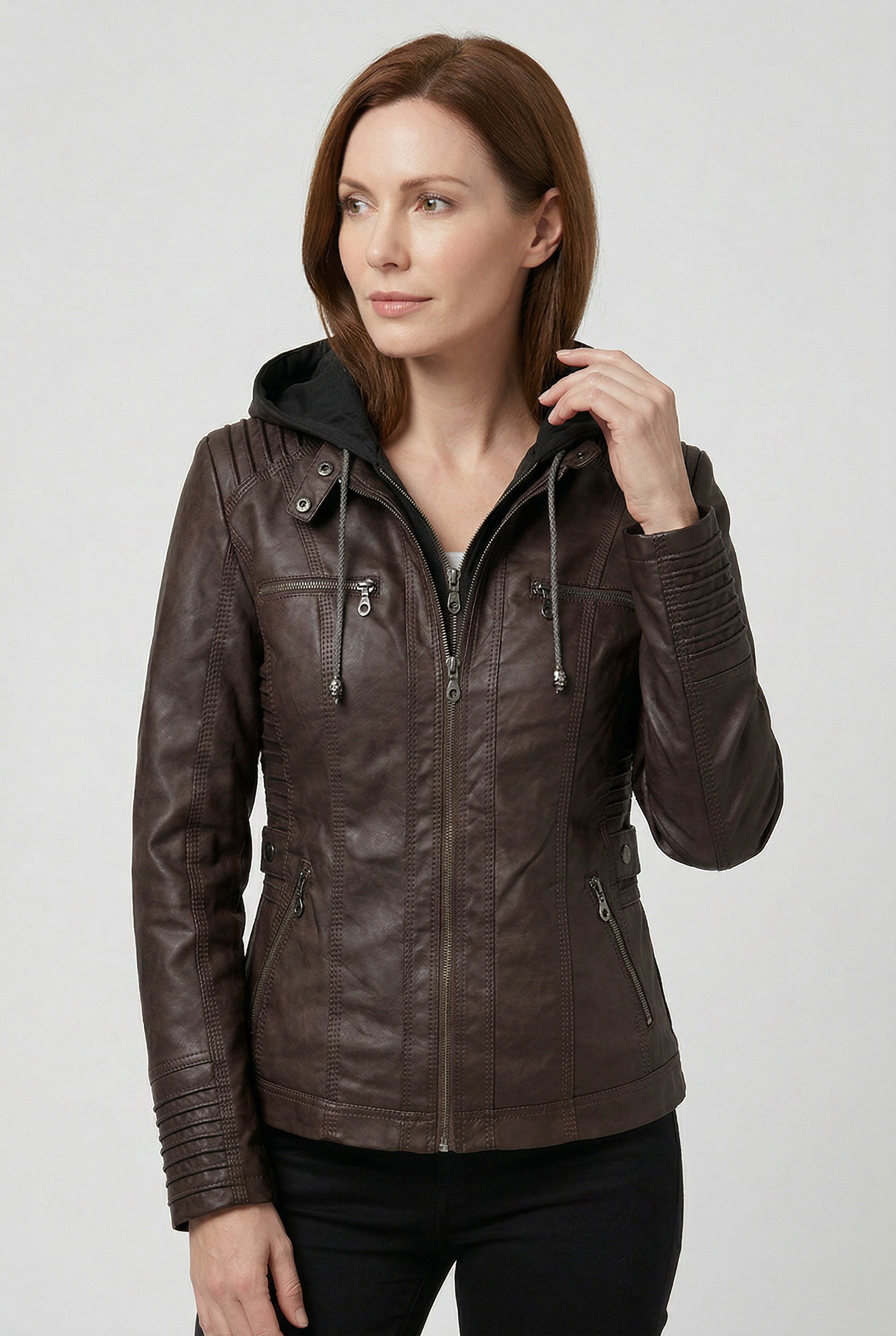 Women's Leather Jacket | Hooded Zip Chest Pockets - 10
