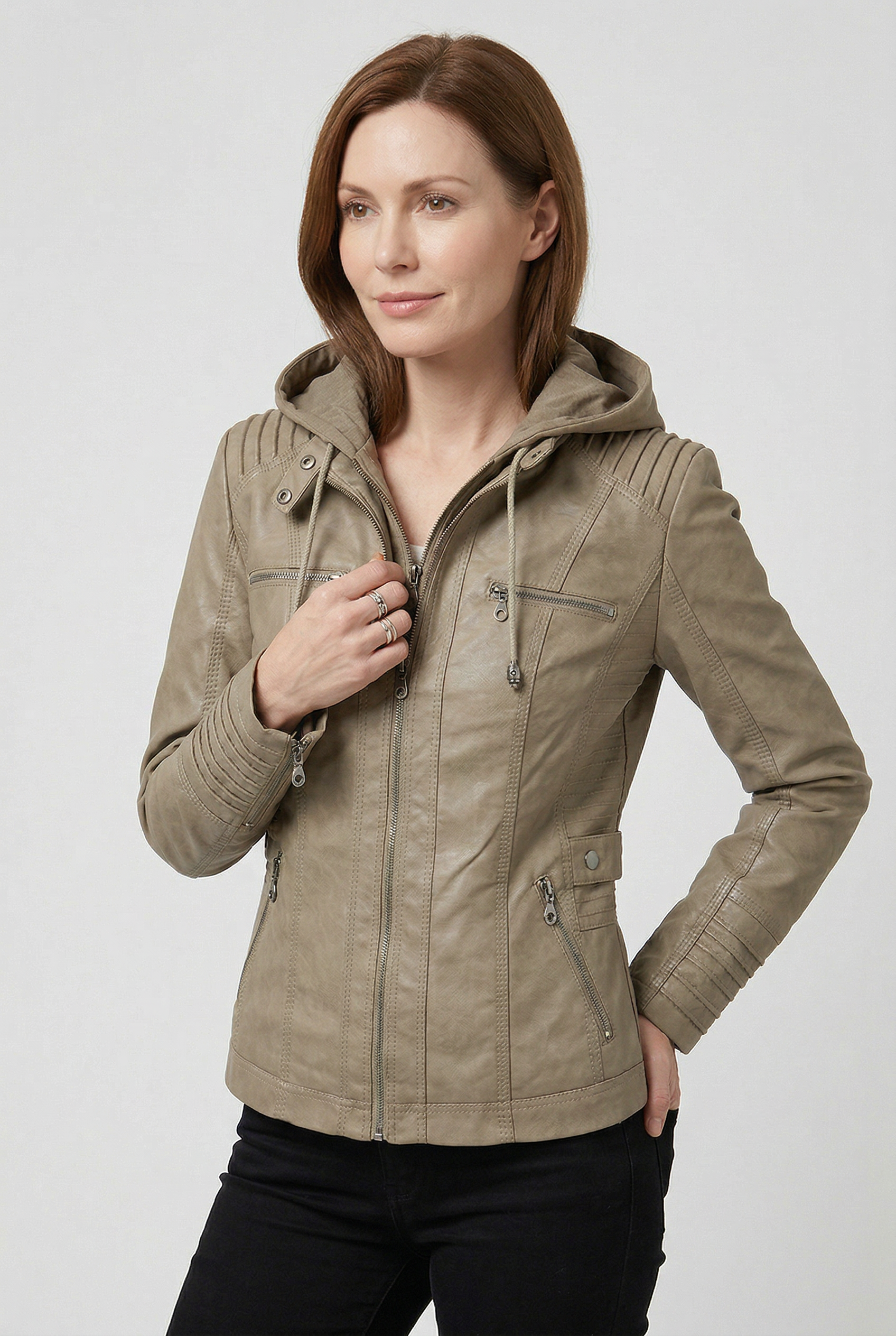 Women's Leather Jacket | Hooded Zip Chest Pockets - 13