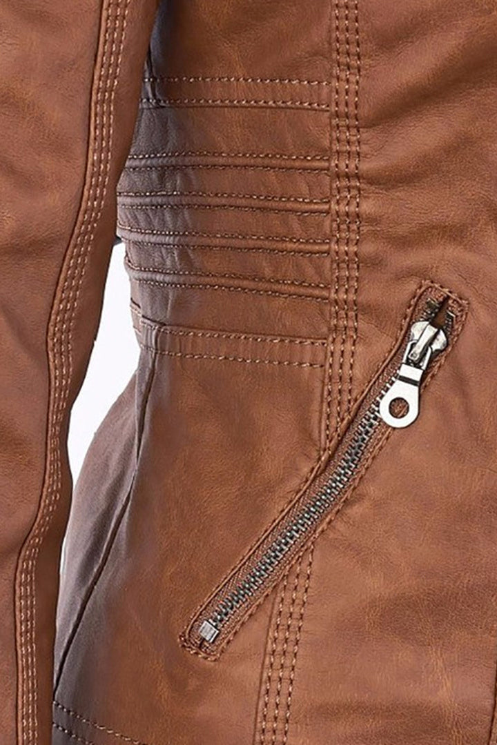 Women's Leather Jacket | Hooded Zip Chest Pockets - 4