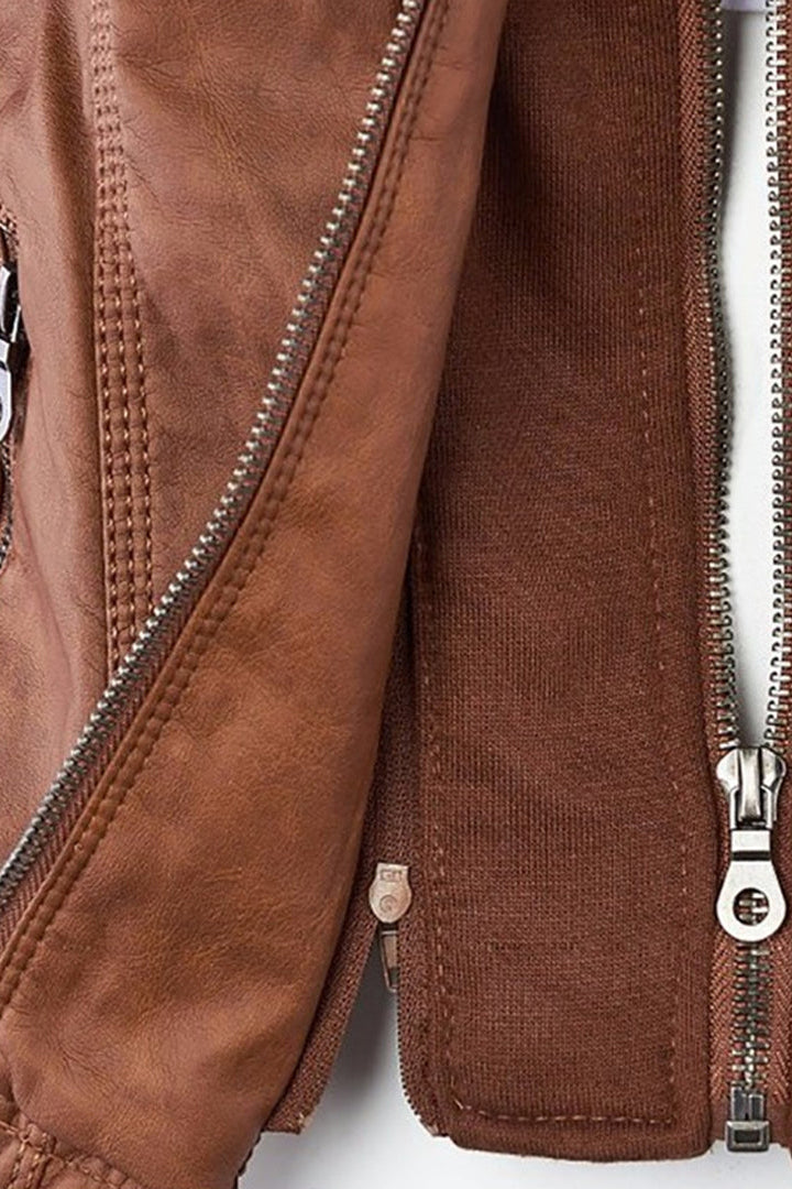 Women's Leather Jacket | Hooded Zip Chest Pockets - 5