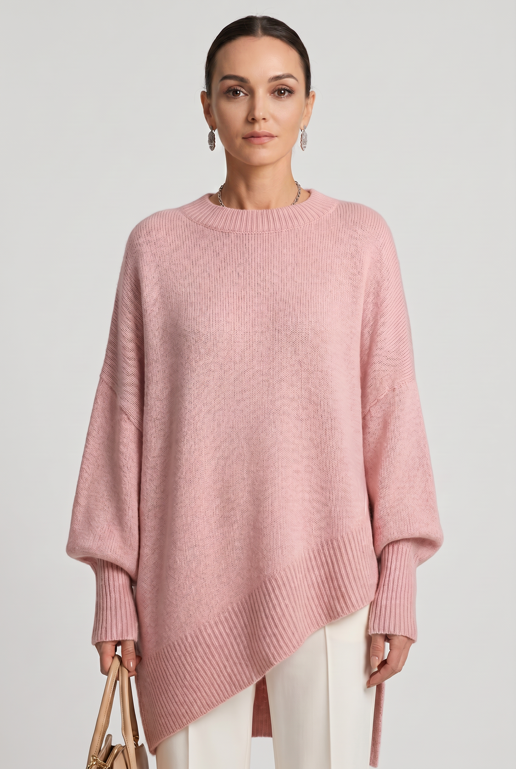 Women's Oversized Sweater | Crew Neck Asymmetric Hem - 1