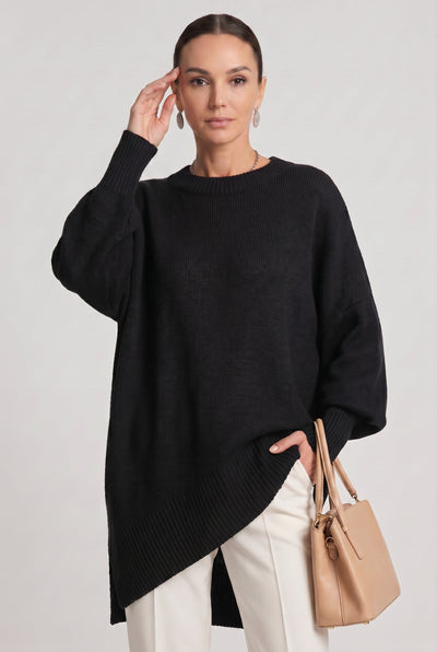 Women's Oversized Sweater | Crew Neck Asymmetric Hem - 5