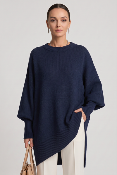 Women's Oversized Sweater | Crew Neck Asymmetric Hem - 6