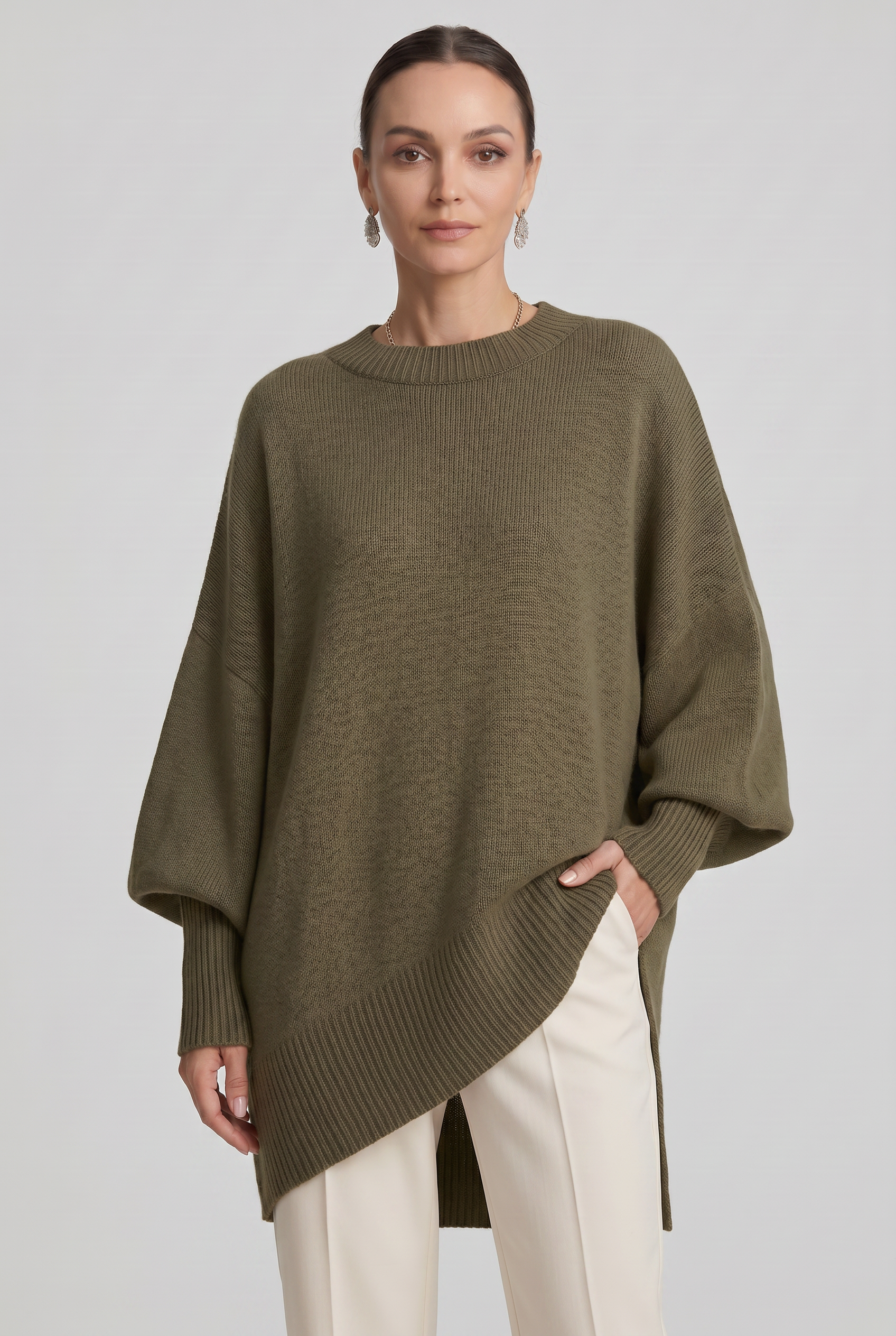 Women's Oversized Sweater | Crew Neck Asymmetric Hem - 8