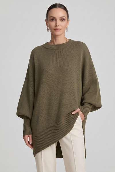 Women's Oversized Sweater | Crew Neck Asymmetric Hem - 8