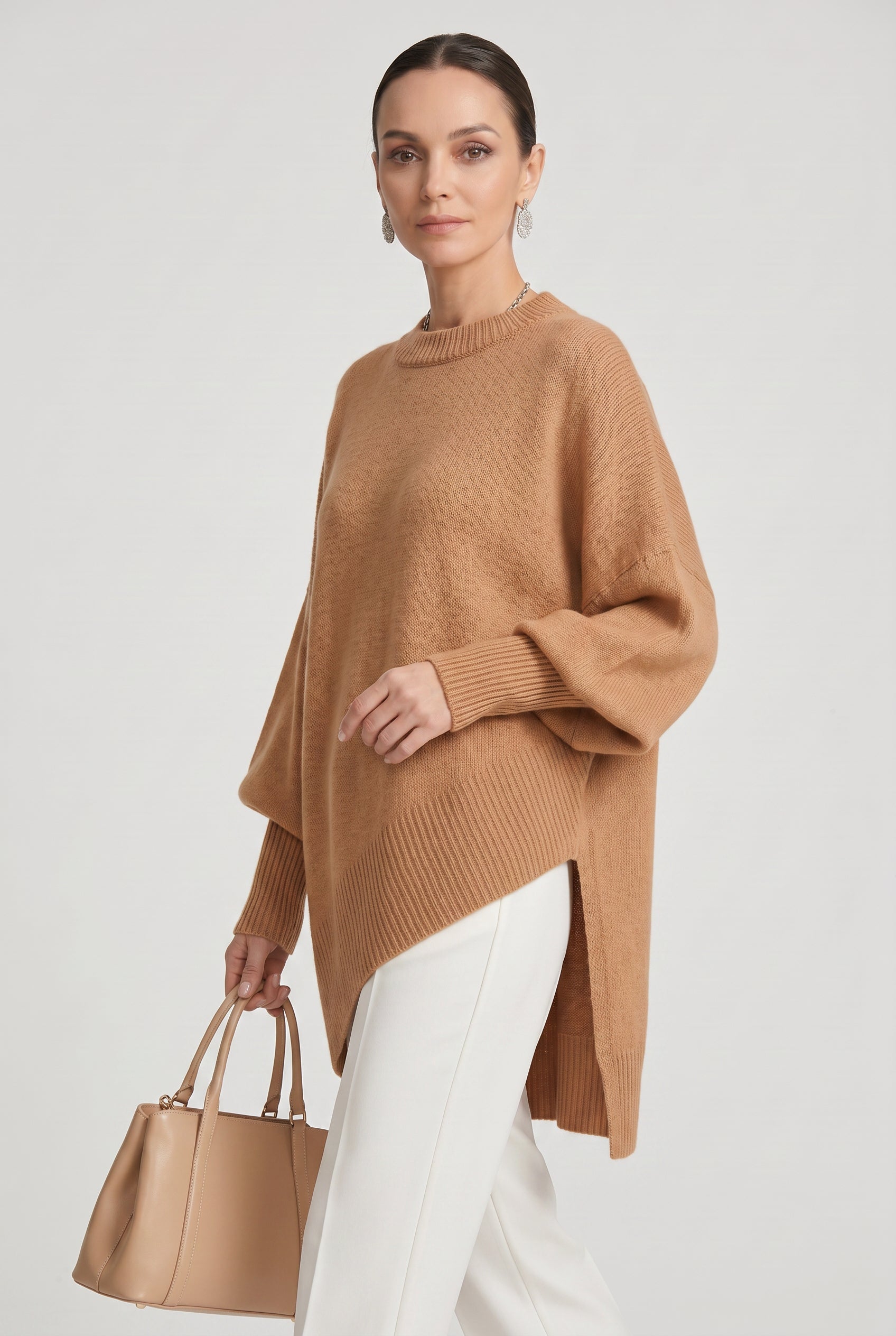 Women's Oversized Sweater | Crew Neck Asymmetric Hem - 9