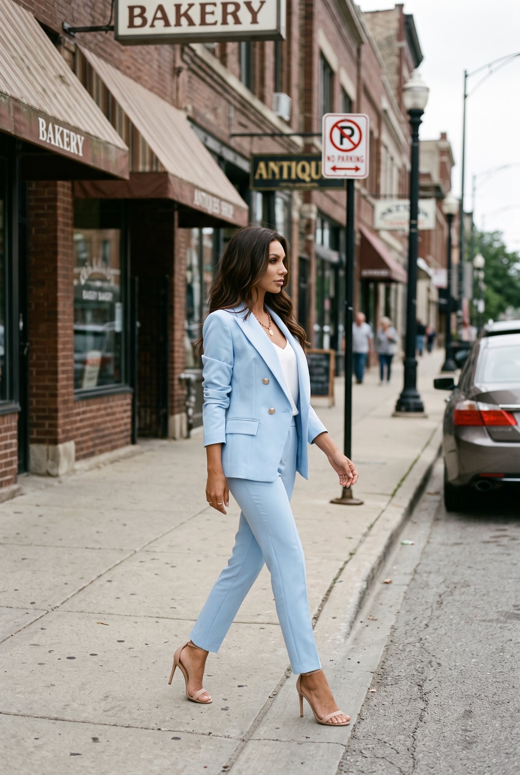 Women's Pant Suit | Double Breasted with Peak Lapel - Light Blue lifestyle