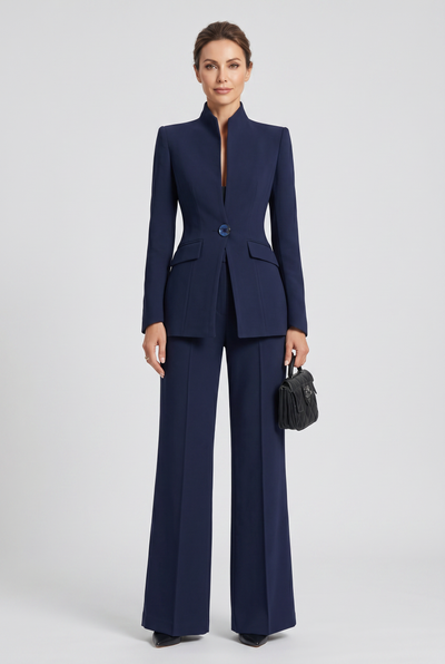 Women's Pant Suit | Single Button High Neck Wide Leg - 1