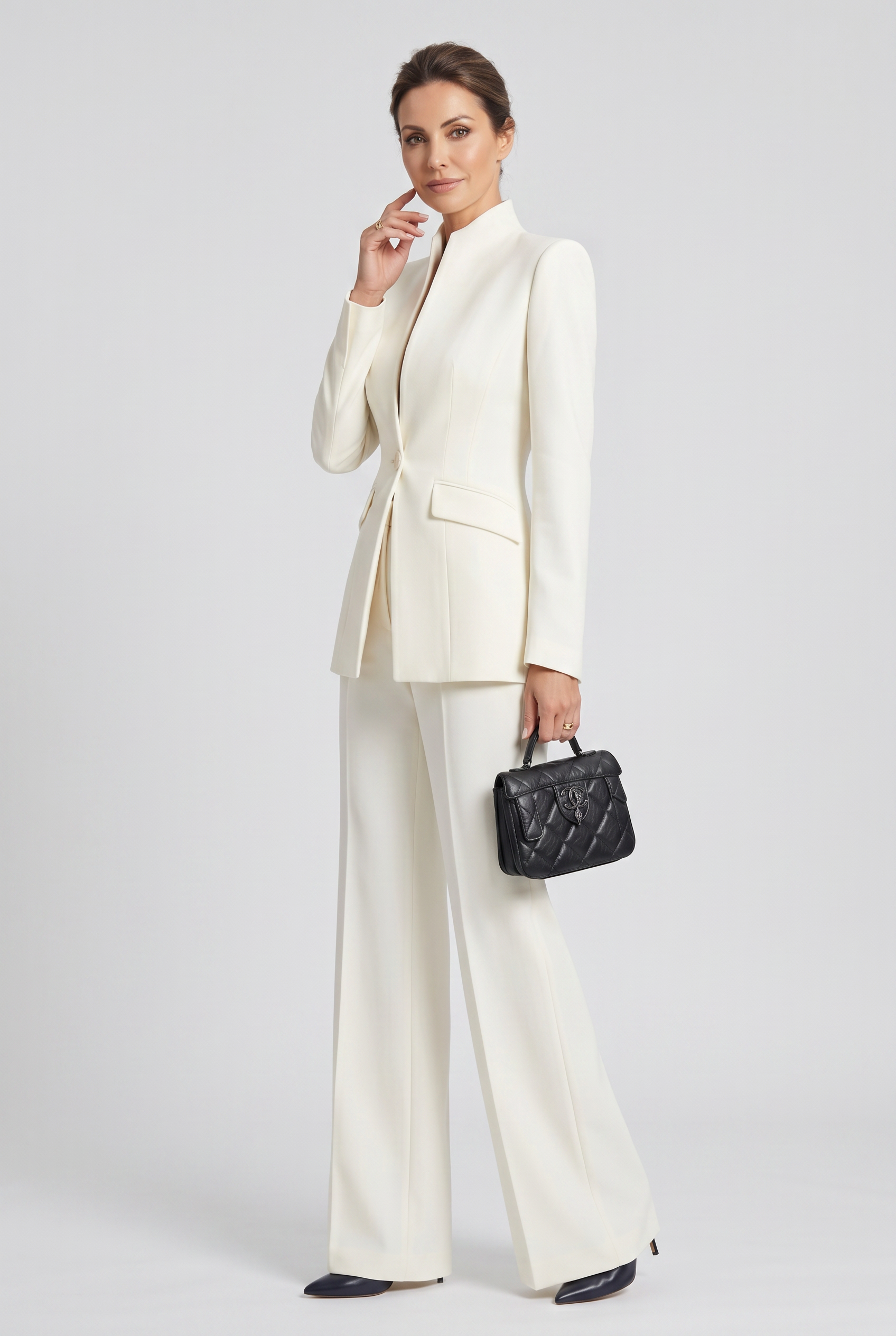 Women's Pant Suit | Single Button High Neck Wide Leg - 5