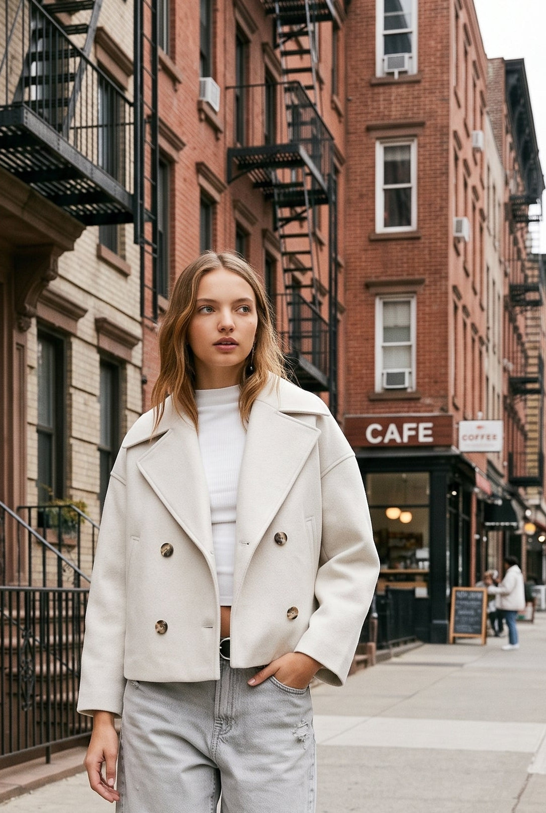 Women's Pea Coat | Cropped Double Breasted - White lifestyle