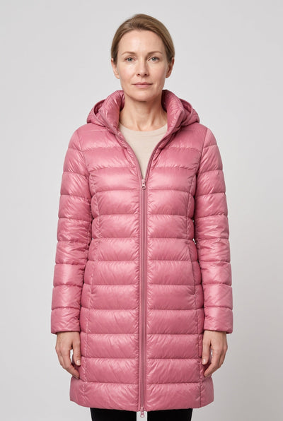 Women's Puffer Coat | Hooded Longline Zip Front - 1