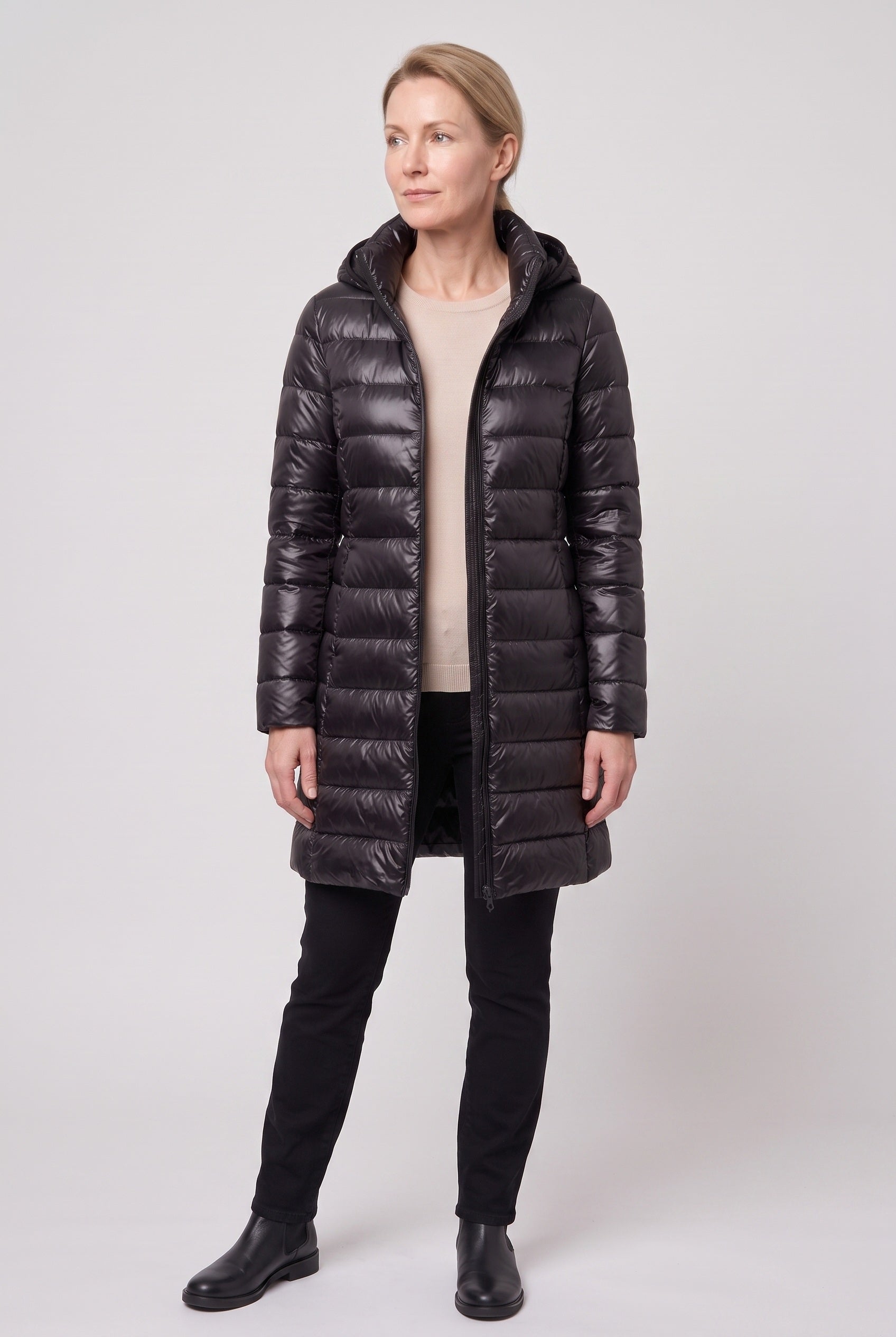 Women's Puffer Coat | Hooded Longline Zip Front - 10