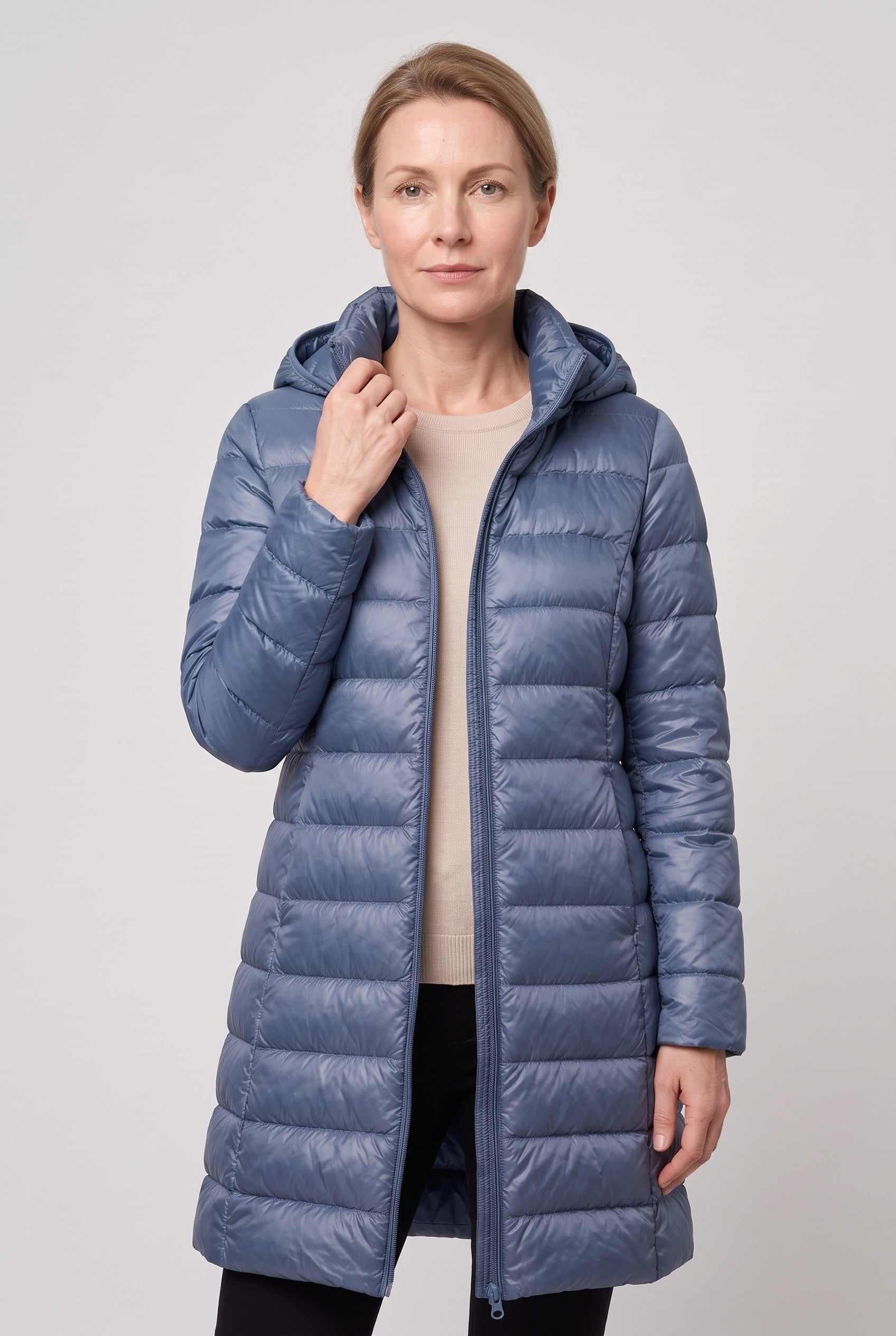Women's Puffer Coat | Hooded Longline Zip Front - 11