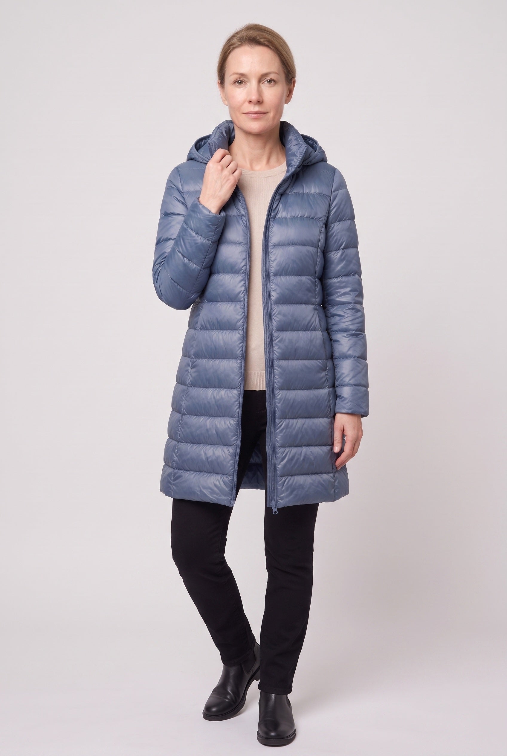 Women's Puffer Coat | Hooded Longline Zip Front - 12