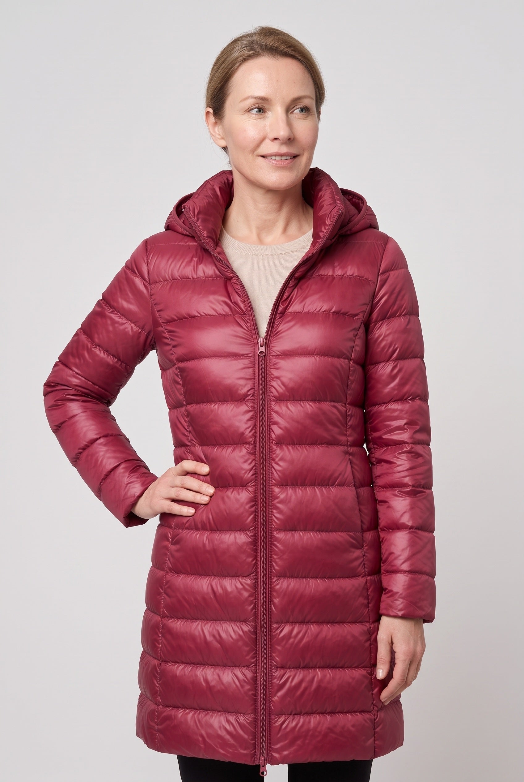Women's Puffer Coat | Hooded Longline Zip Front - 13