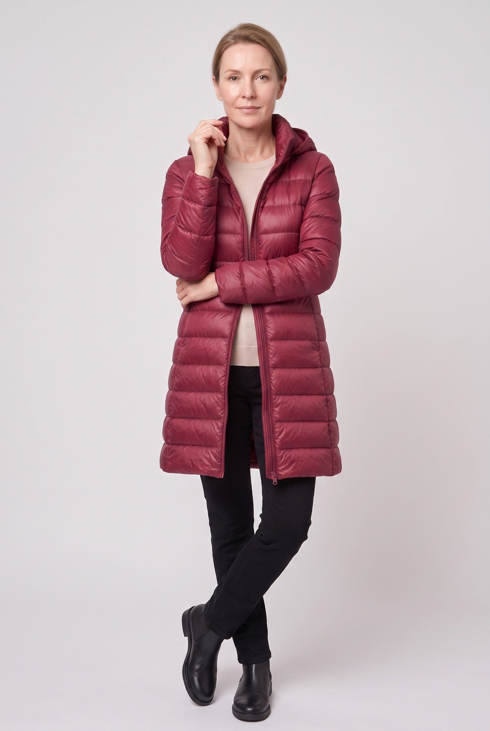Women's Puffer Coat | Hooded Longline Zip Front - 14