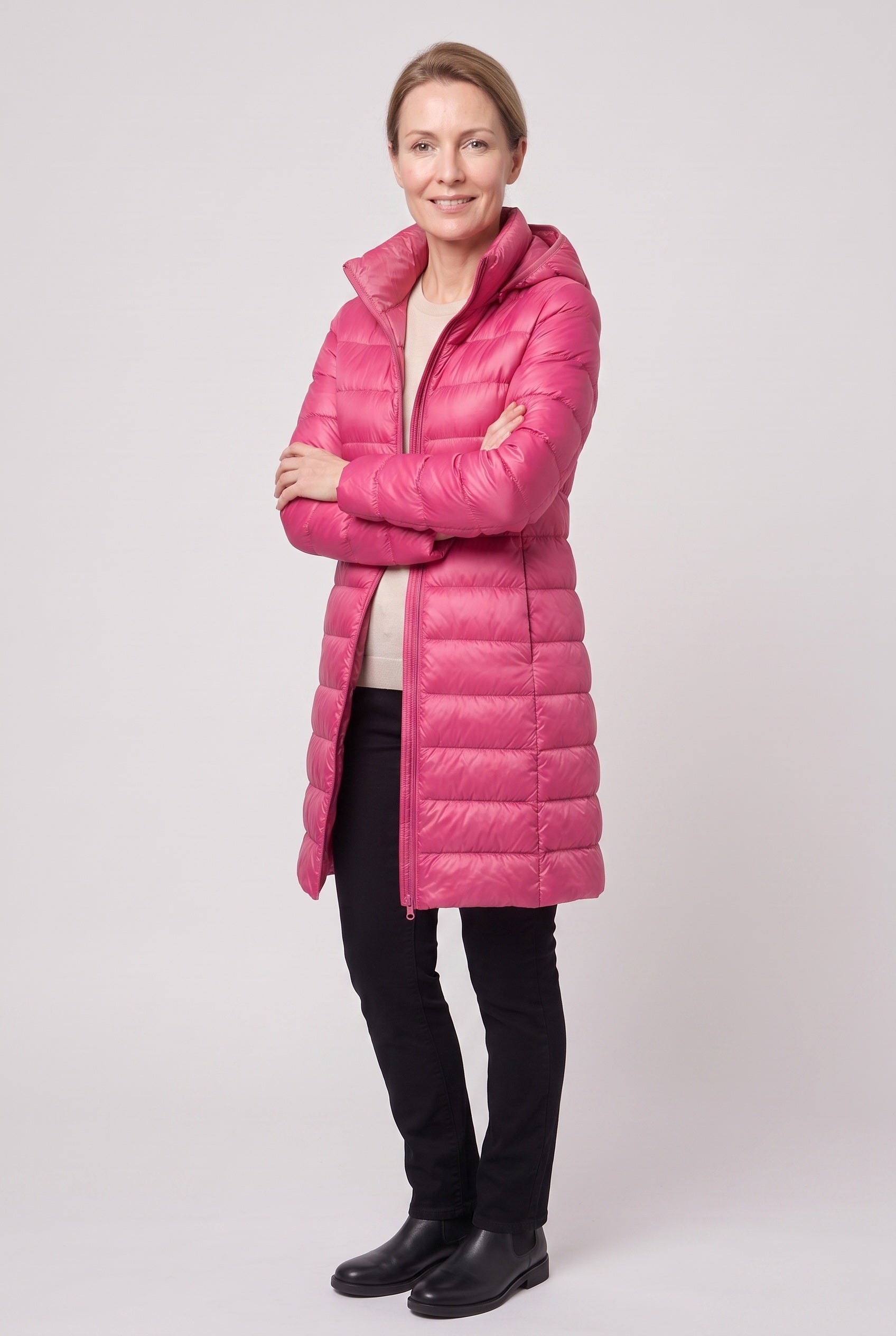 Women's Puffer Coat | Hooded Longline Zip Front - 15