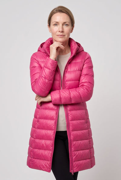 Women's Puffer Coat | Hooded Longline Zip Front - 16