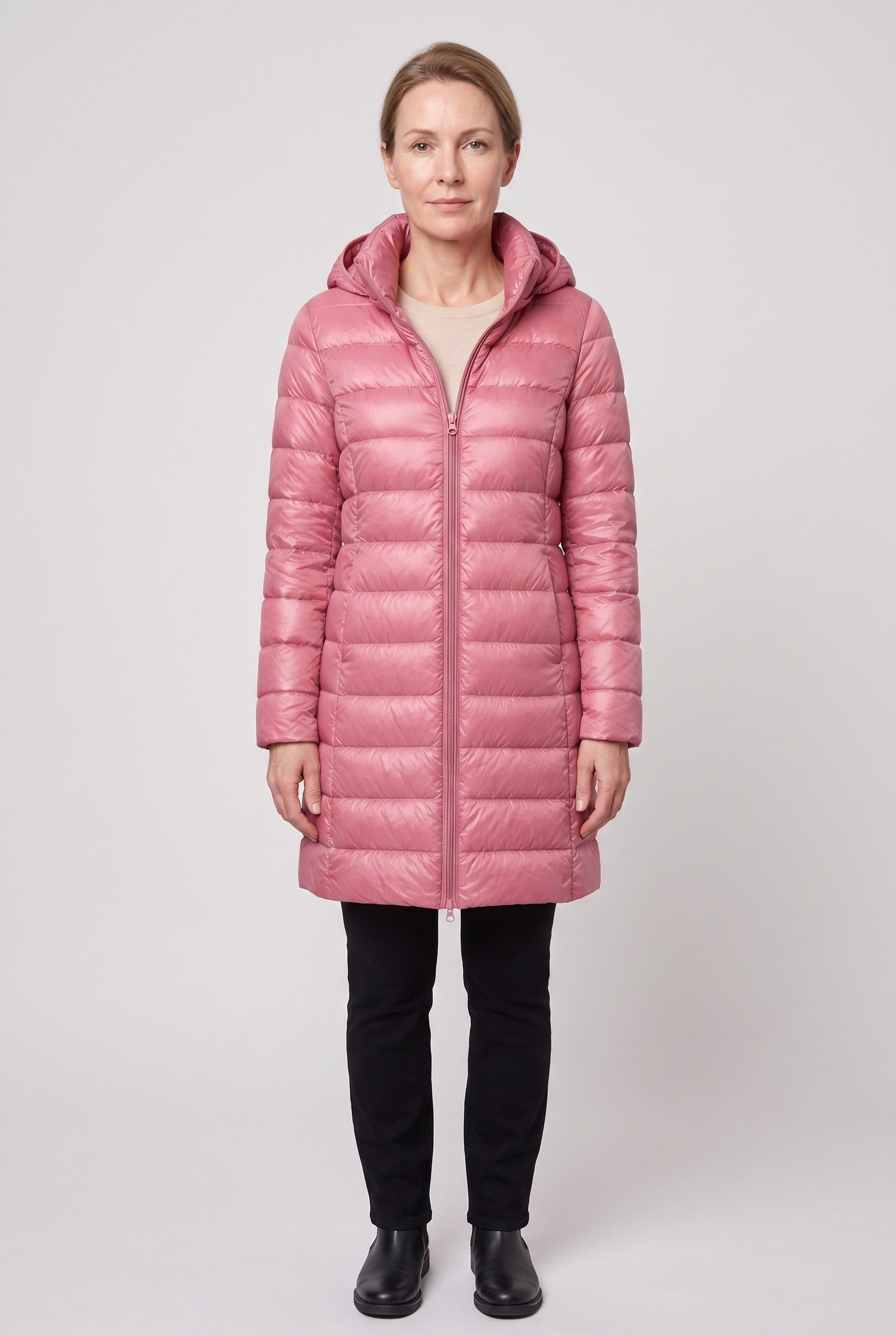Women's Puffer Coat | Hooded Longline Zip Front - 3