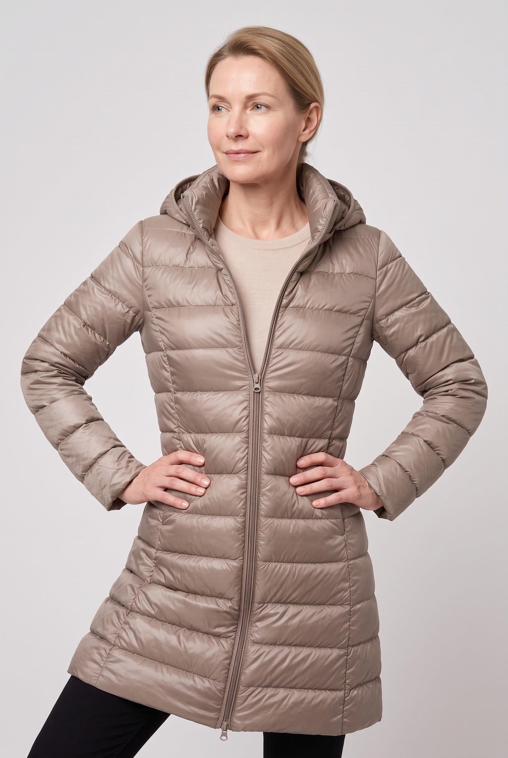 Women's Puffer Coat | Hooded Longline Zip Front - 7