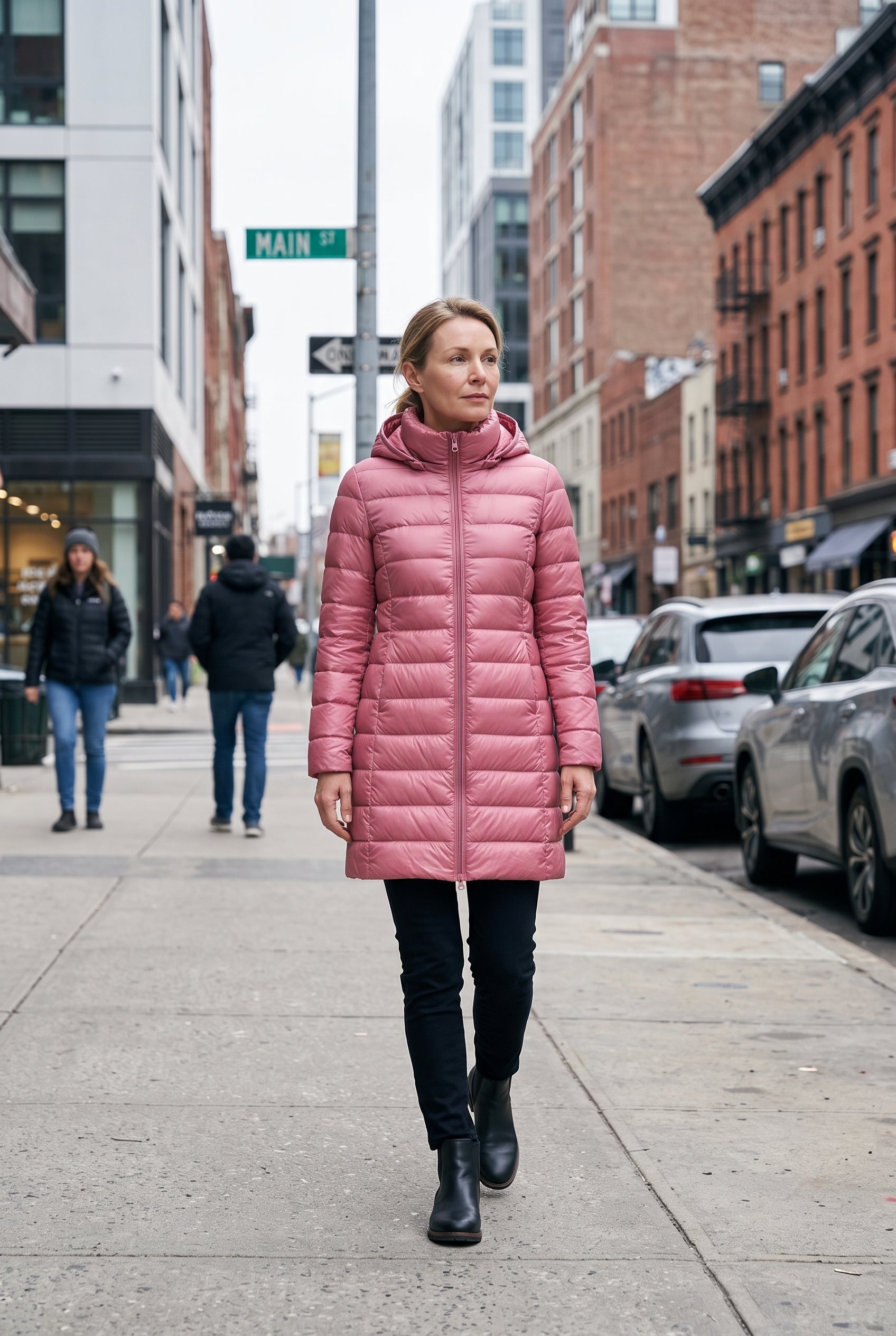 Women's Puffer Coat | Hooded Longline Zip Front - Pink lifestyle