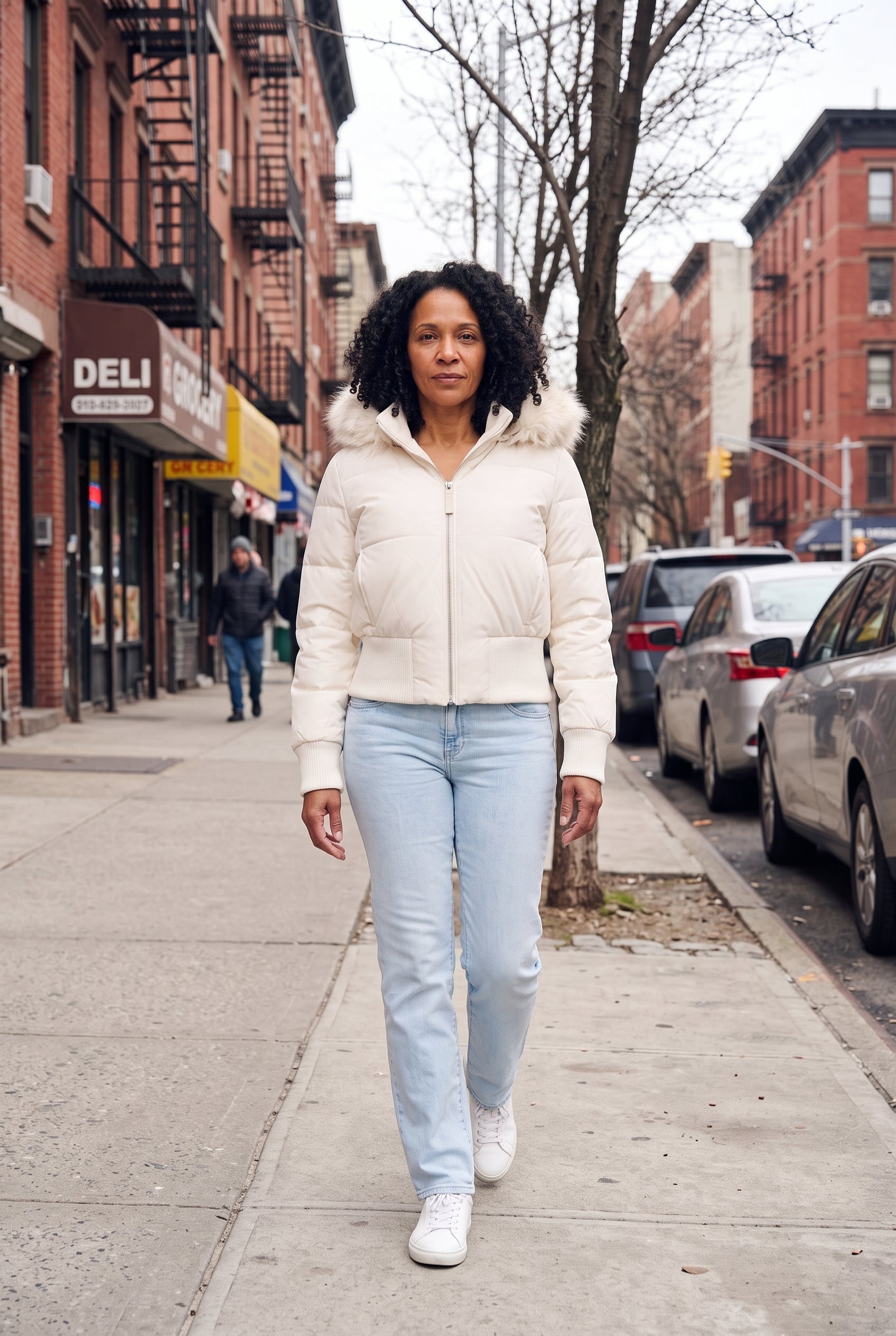 Women's Puffer Jacket | Cropped Ribbed Hem - White lifestyle