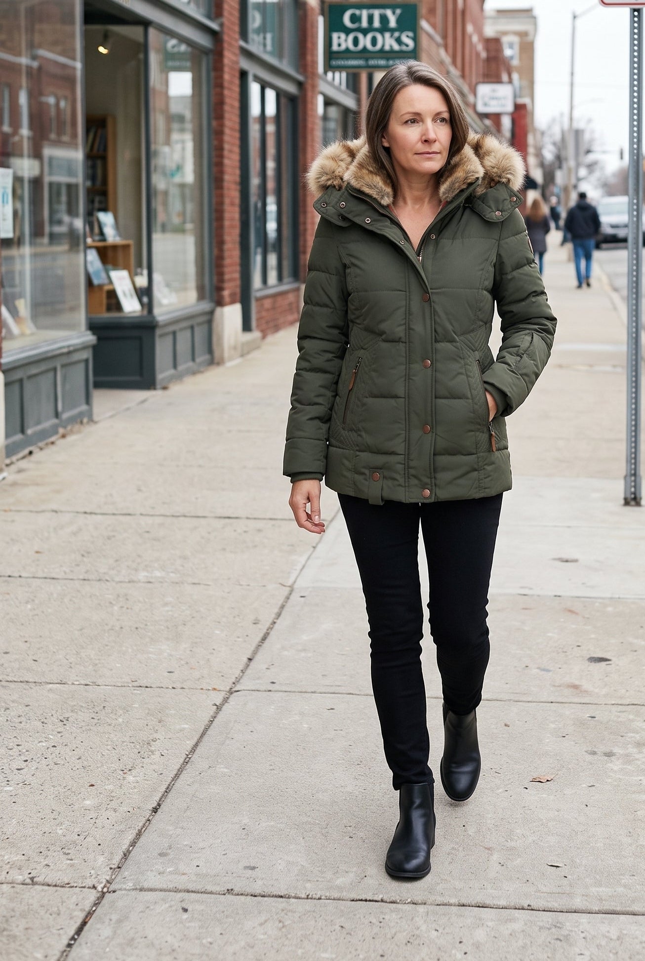 Women's Puffer Jacket | Detachable Faux Fur Hood - Green lifestyle