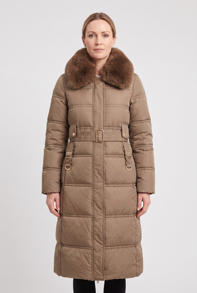 Women's Quilted Coat | Faux Fur Collar Belted - 1
