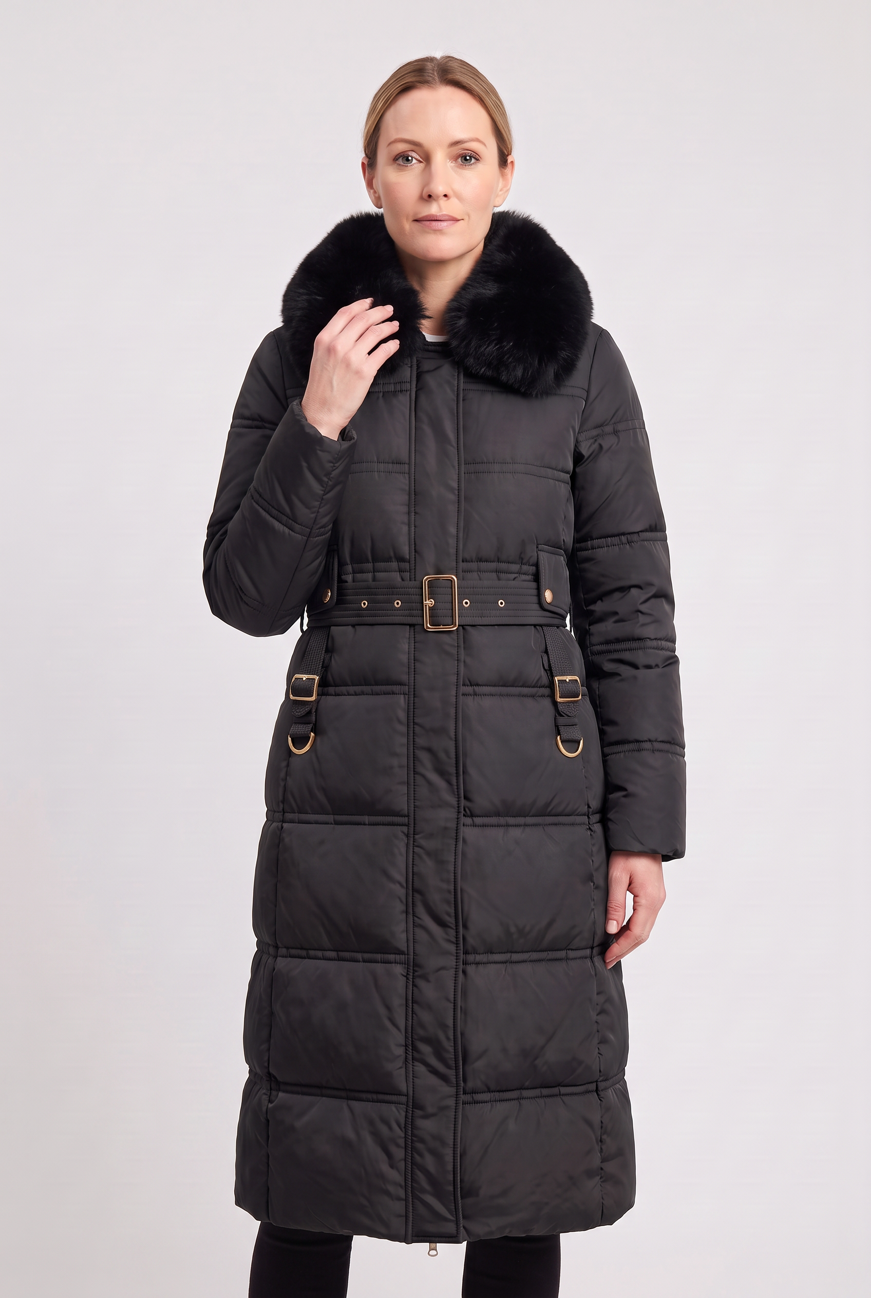 Women's Quilted Coat | Faux Fur Collar Belted - 5