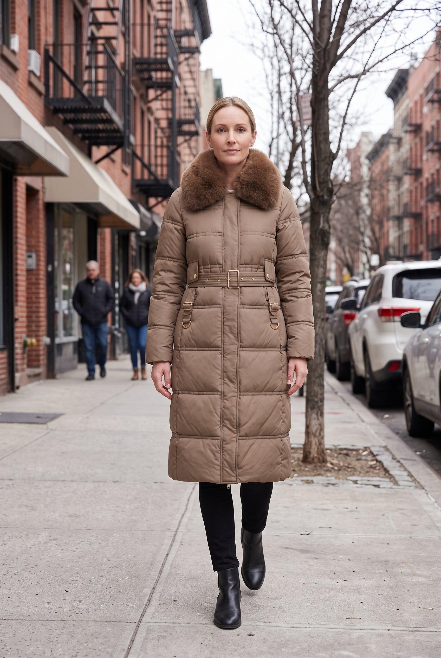 Women's Quilted Coat | Faux Fur Collar Belted - Brown lifestyle