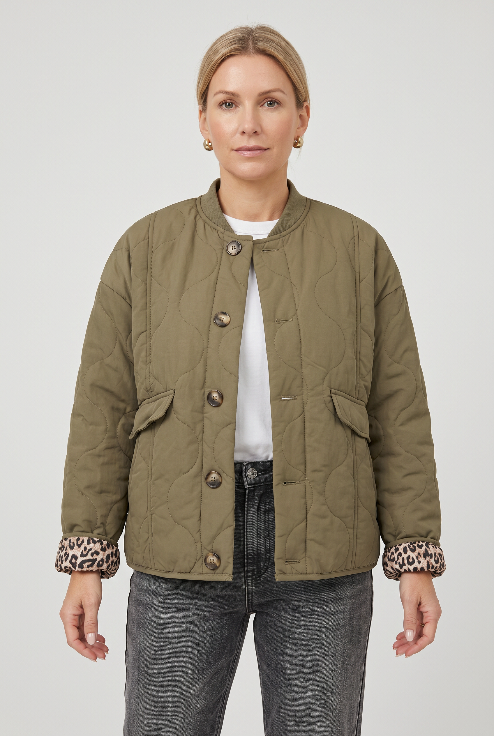 Women's Quilted Jacket | Button Front with Leopard Lining - 1
