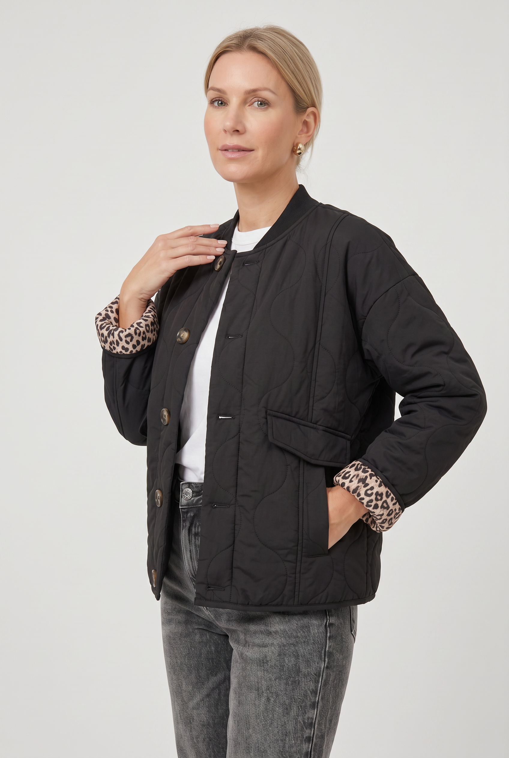 Women's Quilted Jacket | Button Front with Leopard Lining - 5
