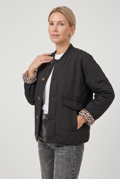 Women's Quilted Jacket | Button Front with Leopard Lining - 5