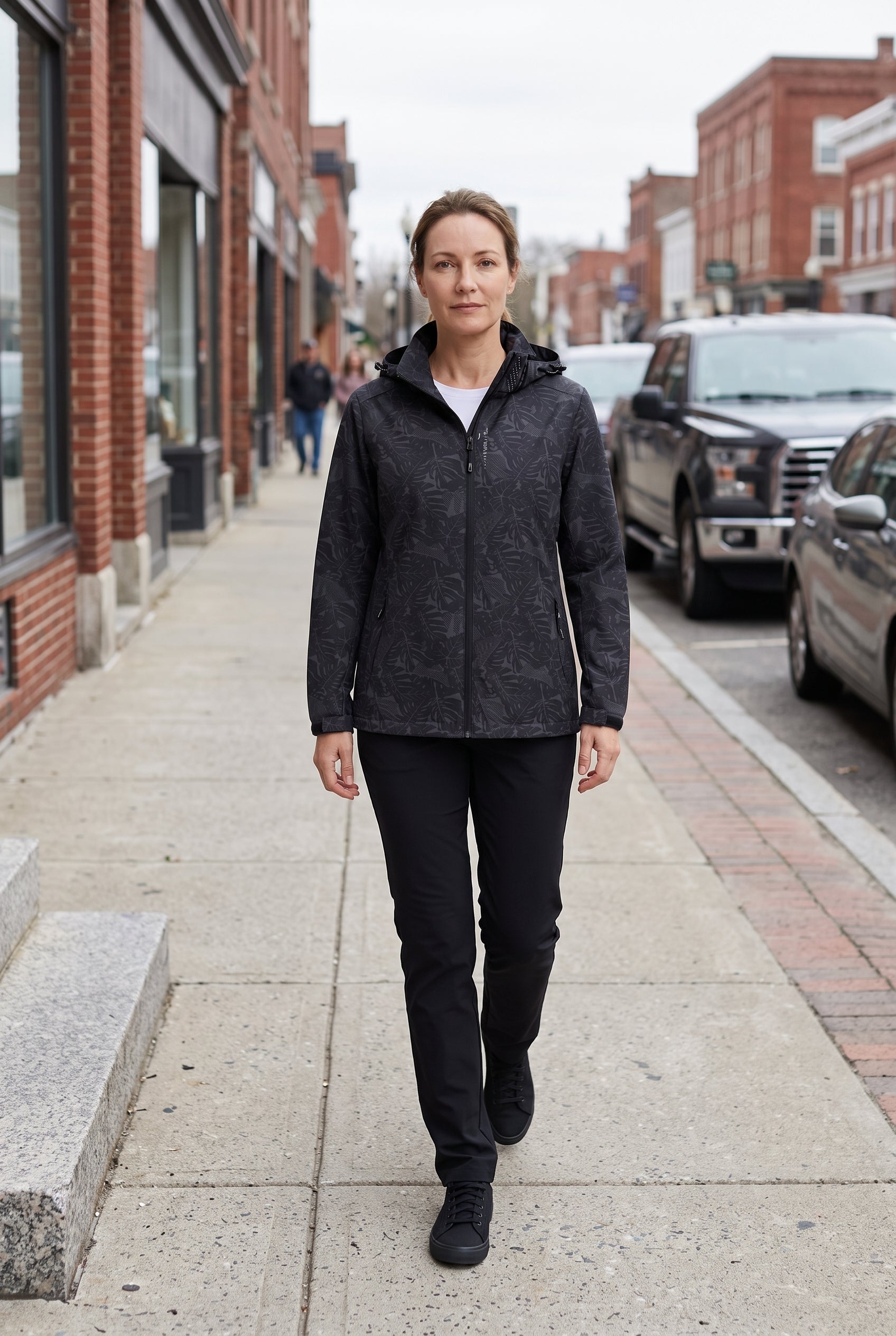Women's Rain Jacket | Hooded Leaf Print - Black lifestyle