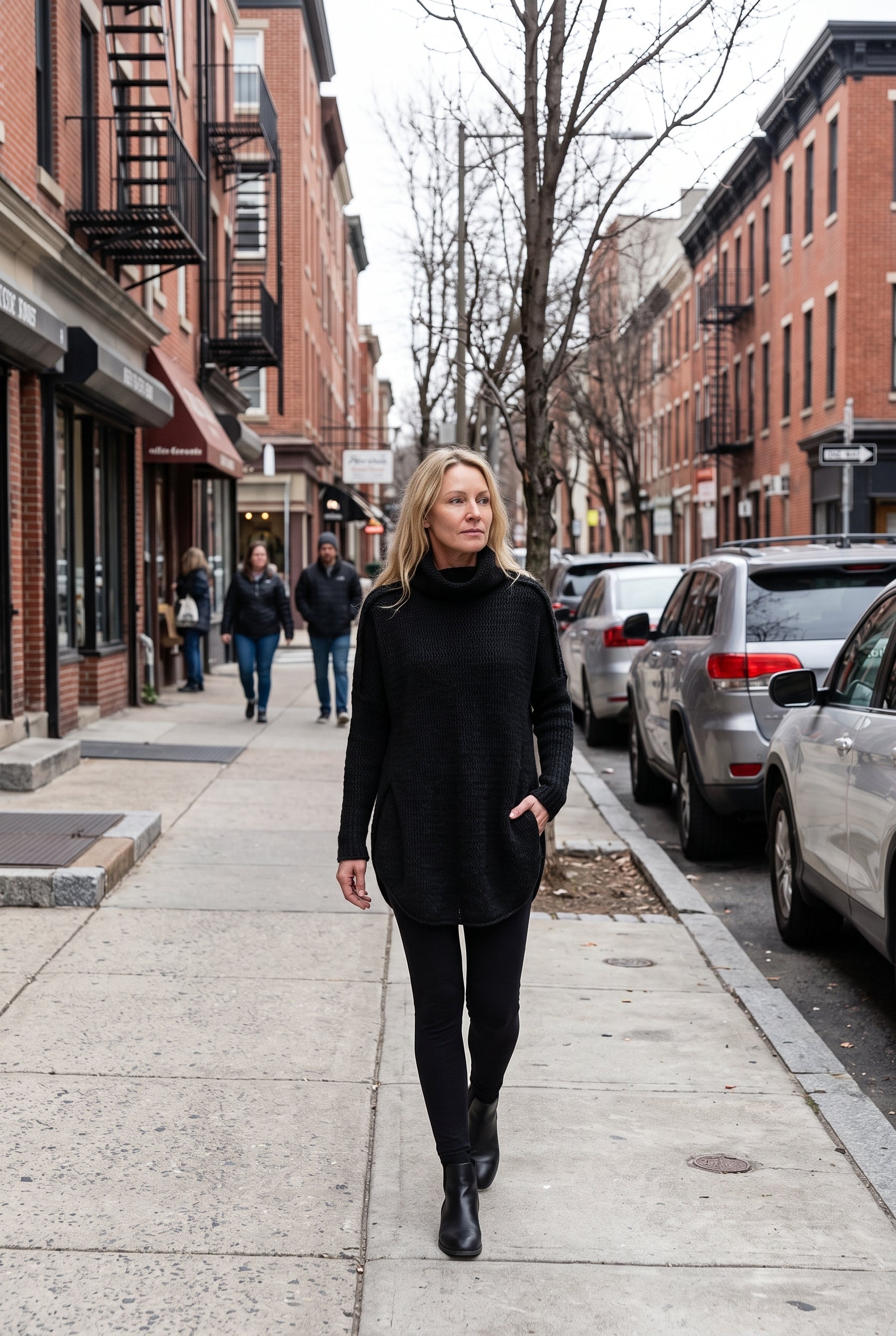Women's Sweater Dress | Funnel Neck Curved Hem - Black lifestyle