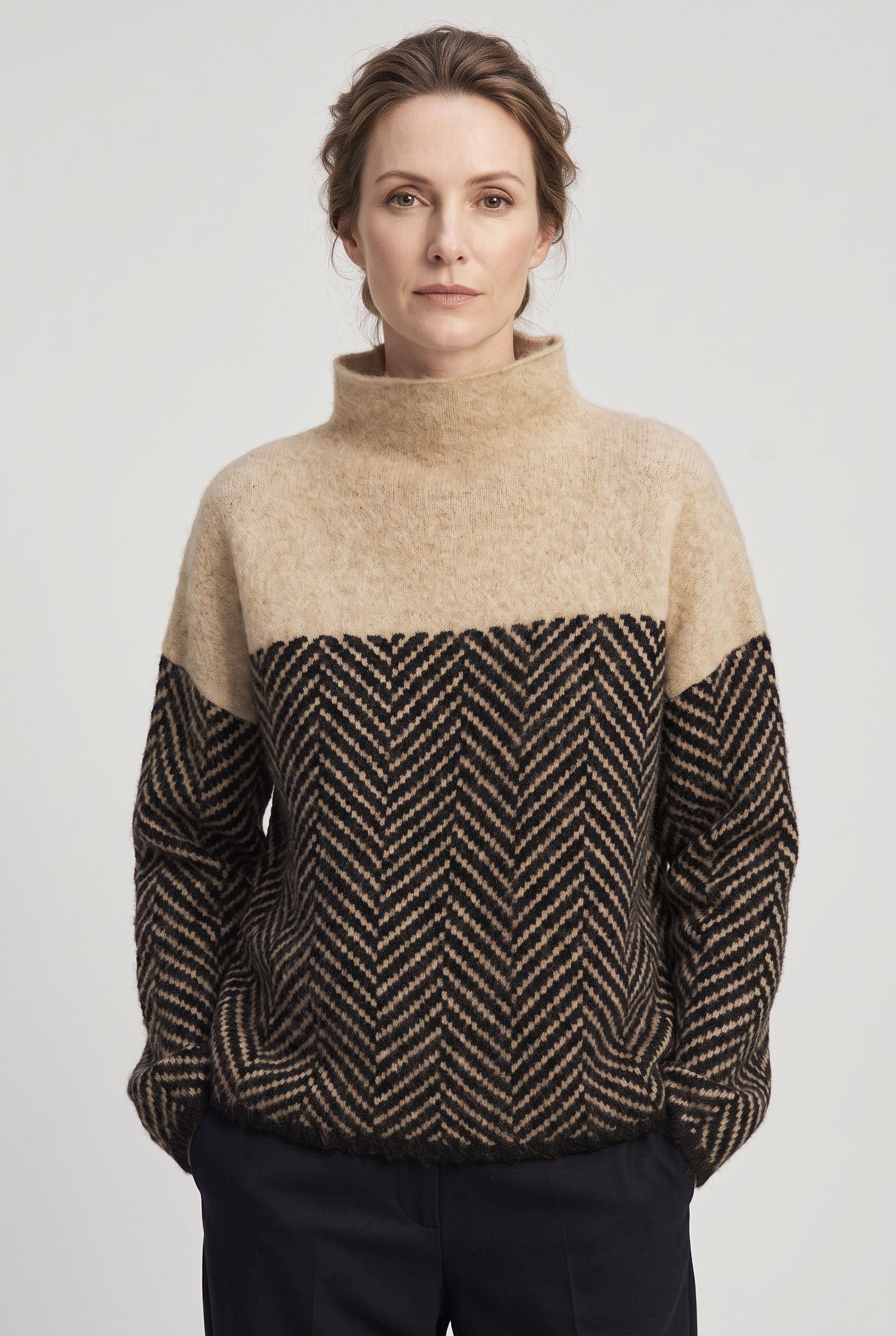 Women's Sweater | Funnel Neck Herringbone Panel - 1