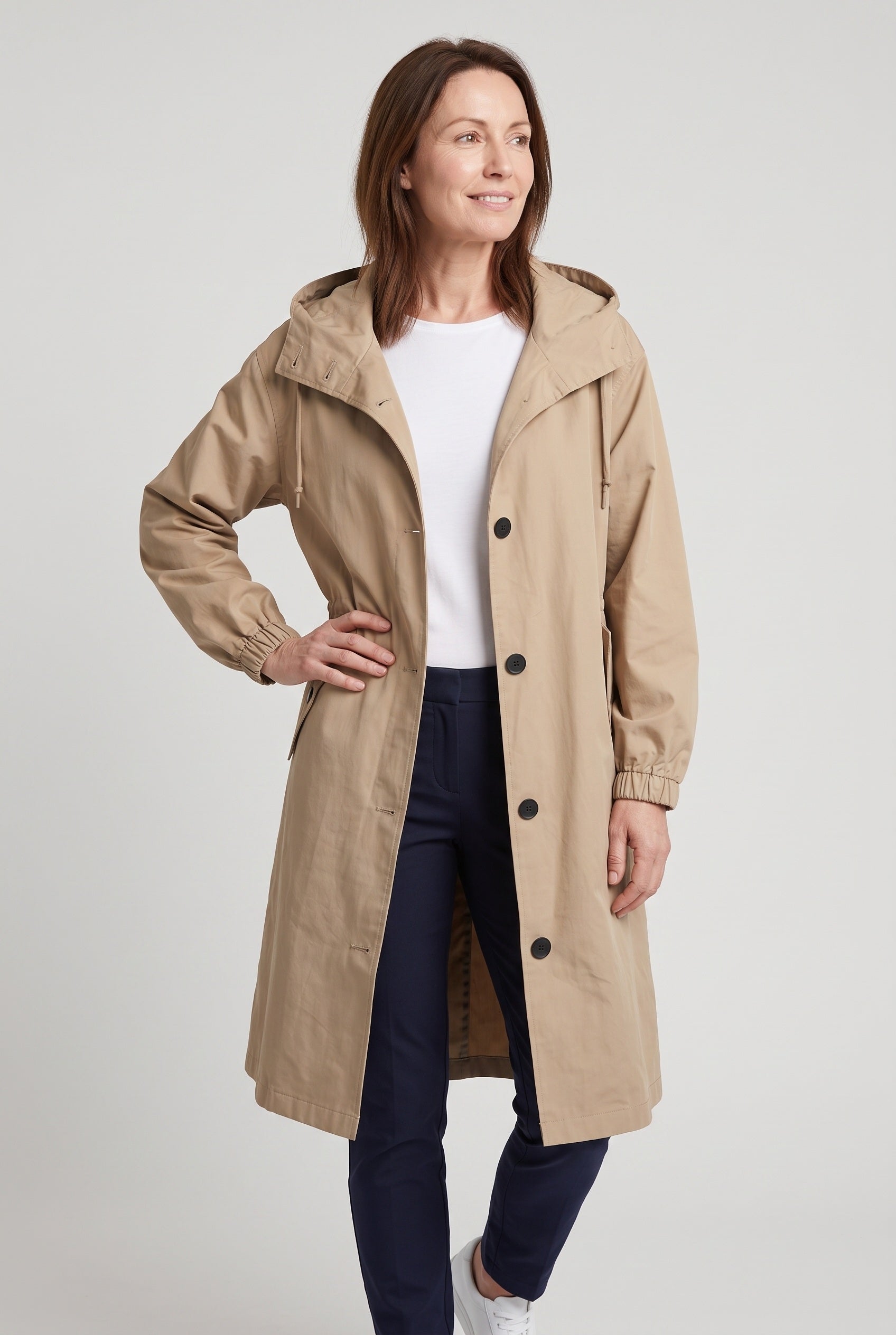 Women's Trench Coat | Oversized Hood with Drawcord Waist - 7