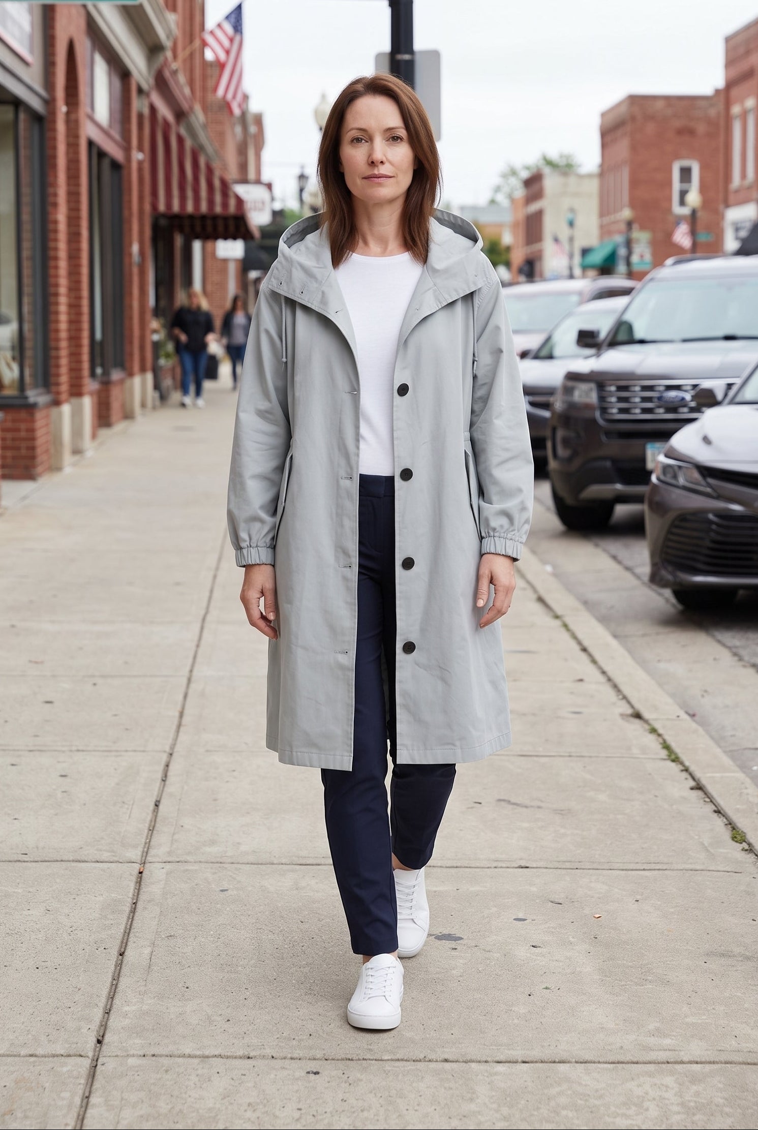Women's Trench Coat | Oversized Hood with Drawcord Waist - Gray lifestyle
