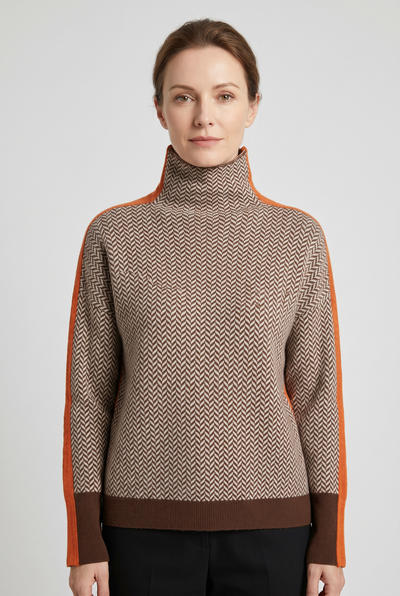 Women's Turtleneck Sweater | Herringbone Contrast Stripe - 1