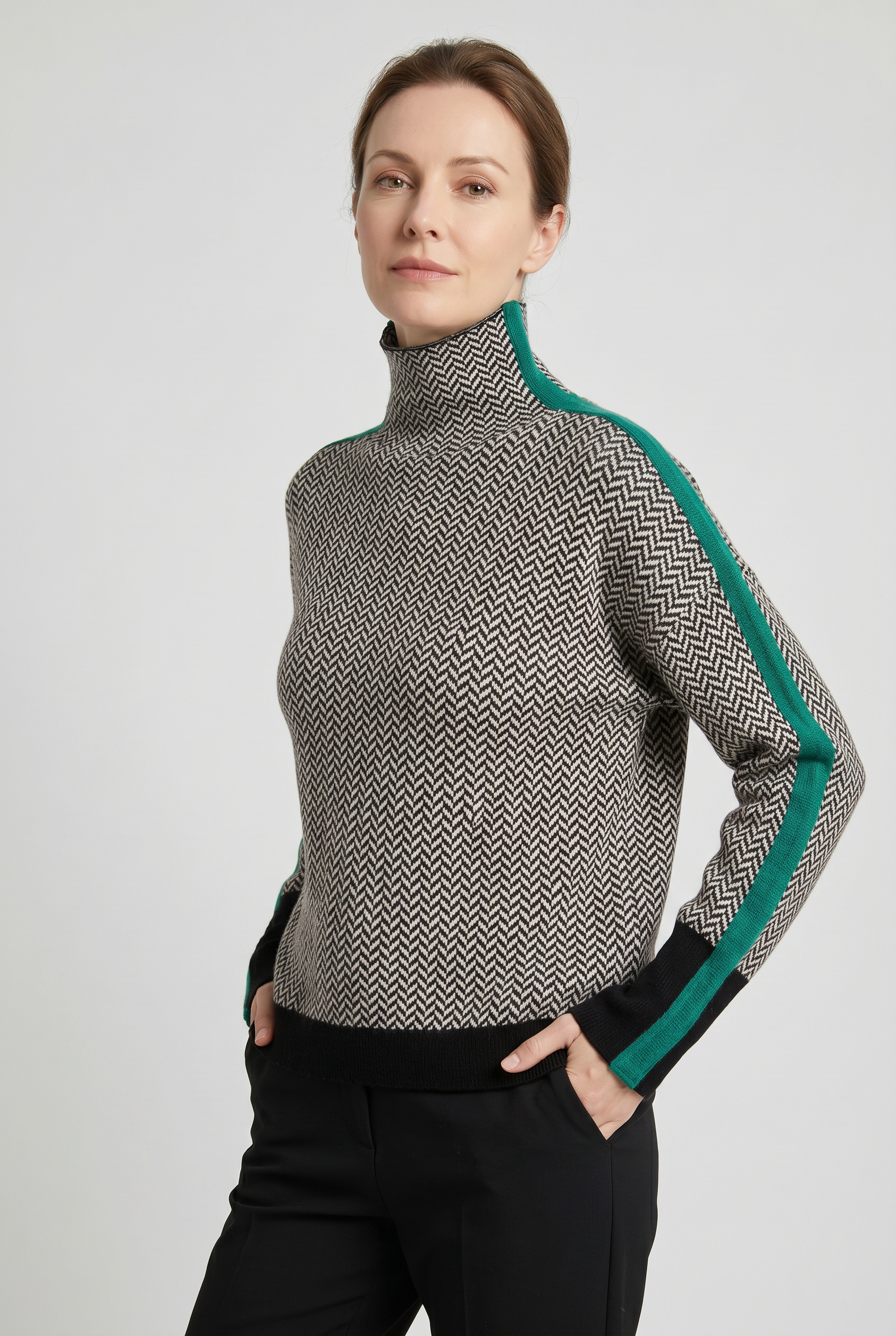 Women's Turtleneck Sweater | Herringbone Contrast Stripe - 5